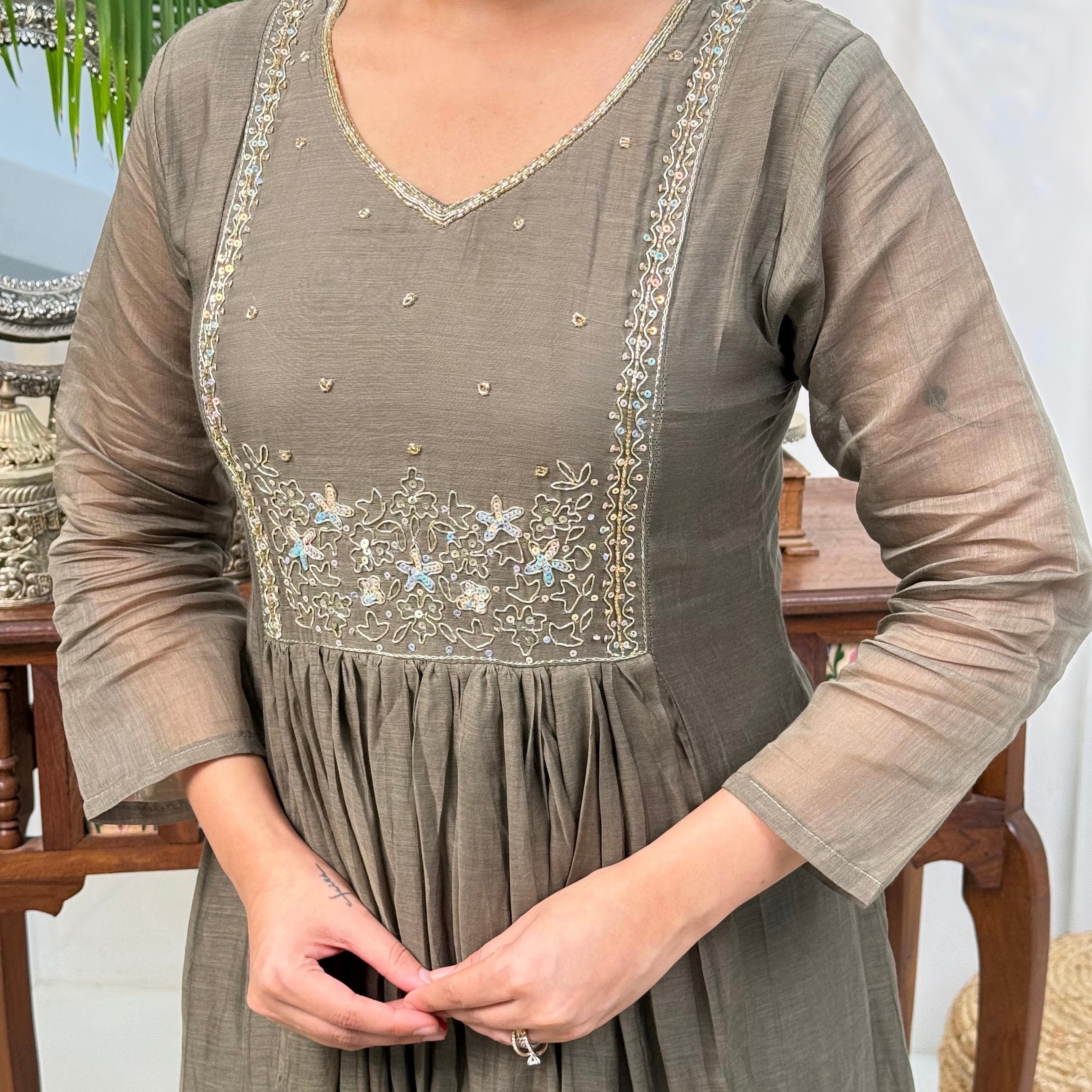 “Eiryan” Olive Brown Mul Chanderi Handwork Anarkali suit set