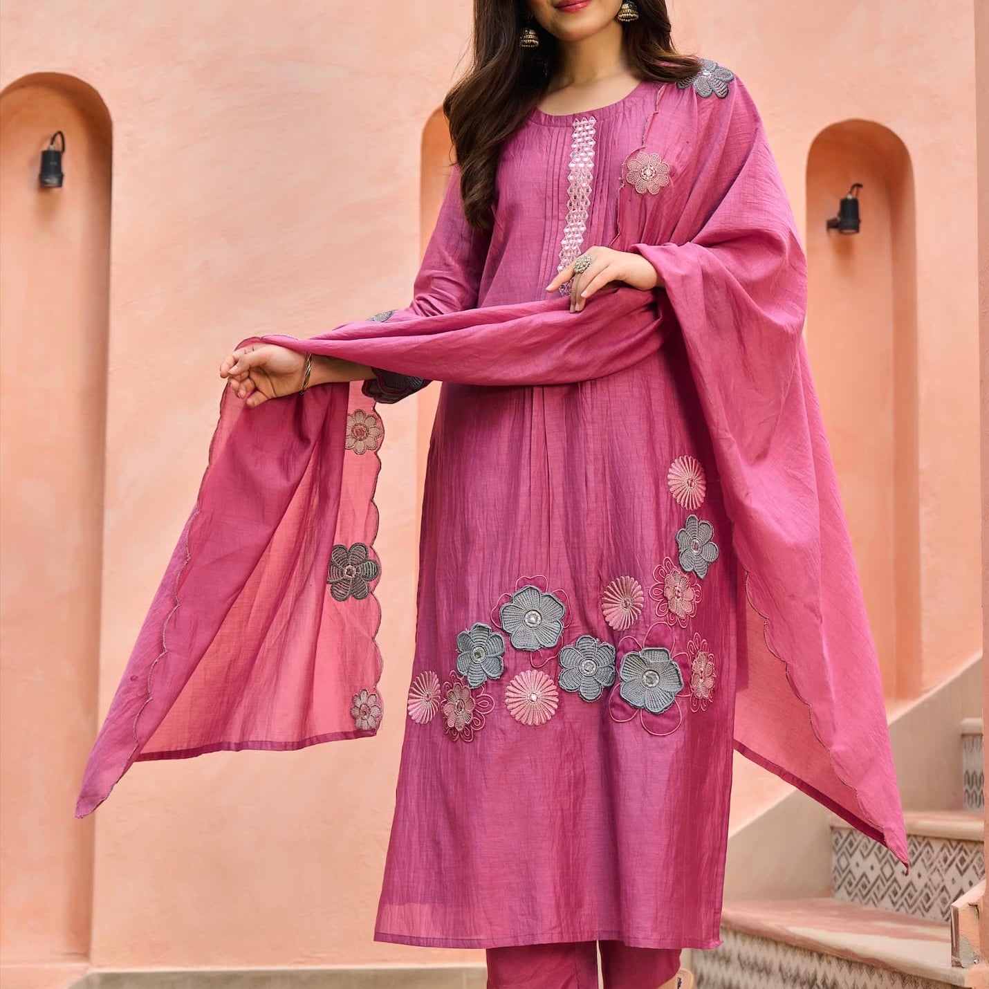 “Anya” Bloomberry Blush Mul Chanderi Suit Set