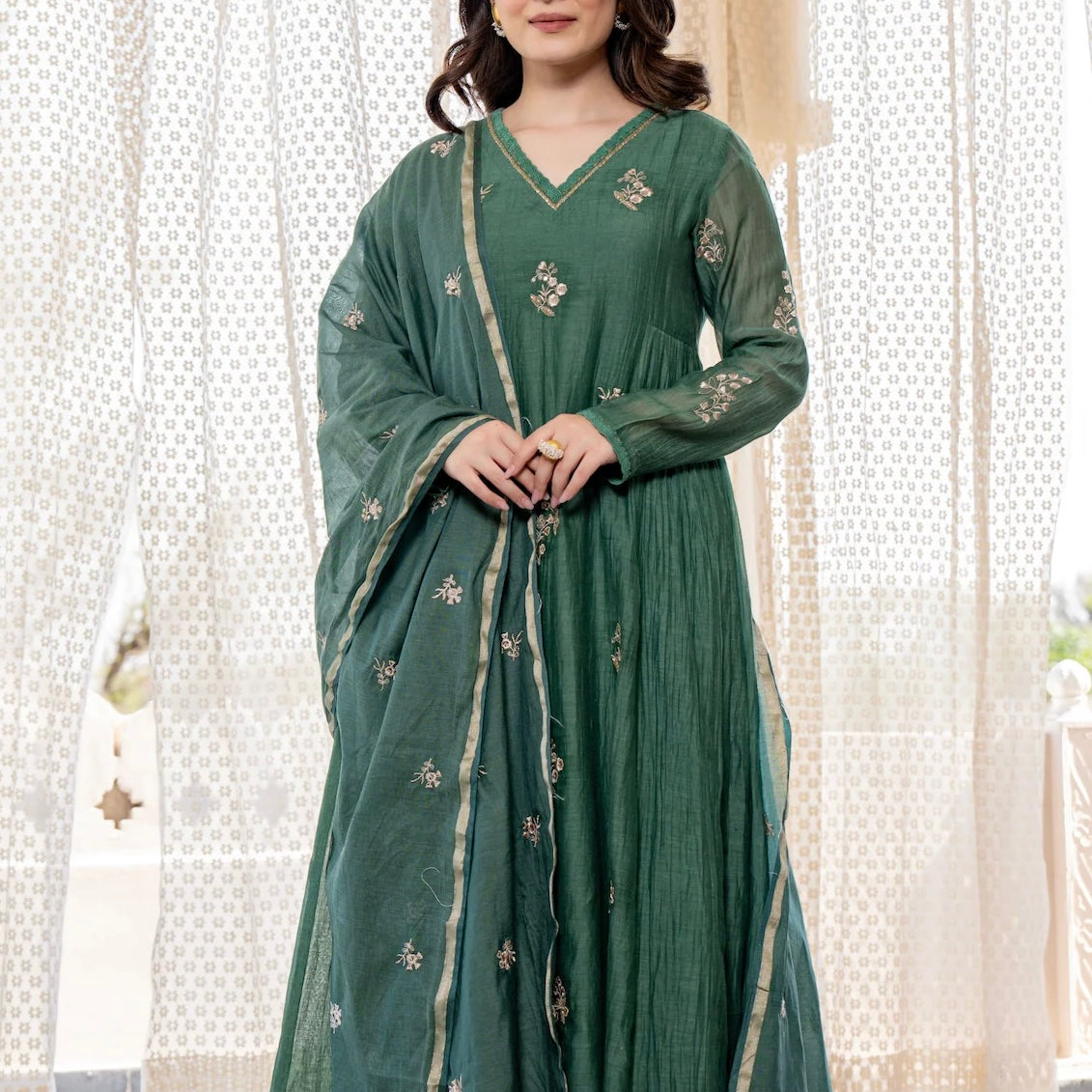 “CHHAVI” Olive Luxe Mul chanderi anarkali suit set