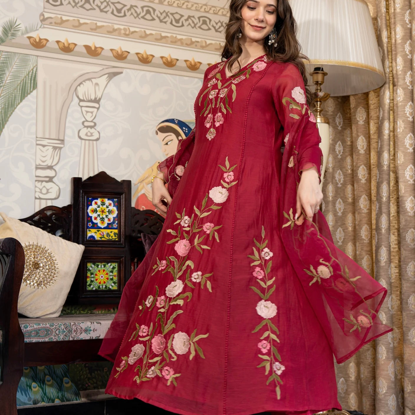 “ROSE” Premium embroidered Mul chanderi anarkali suit set