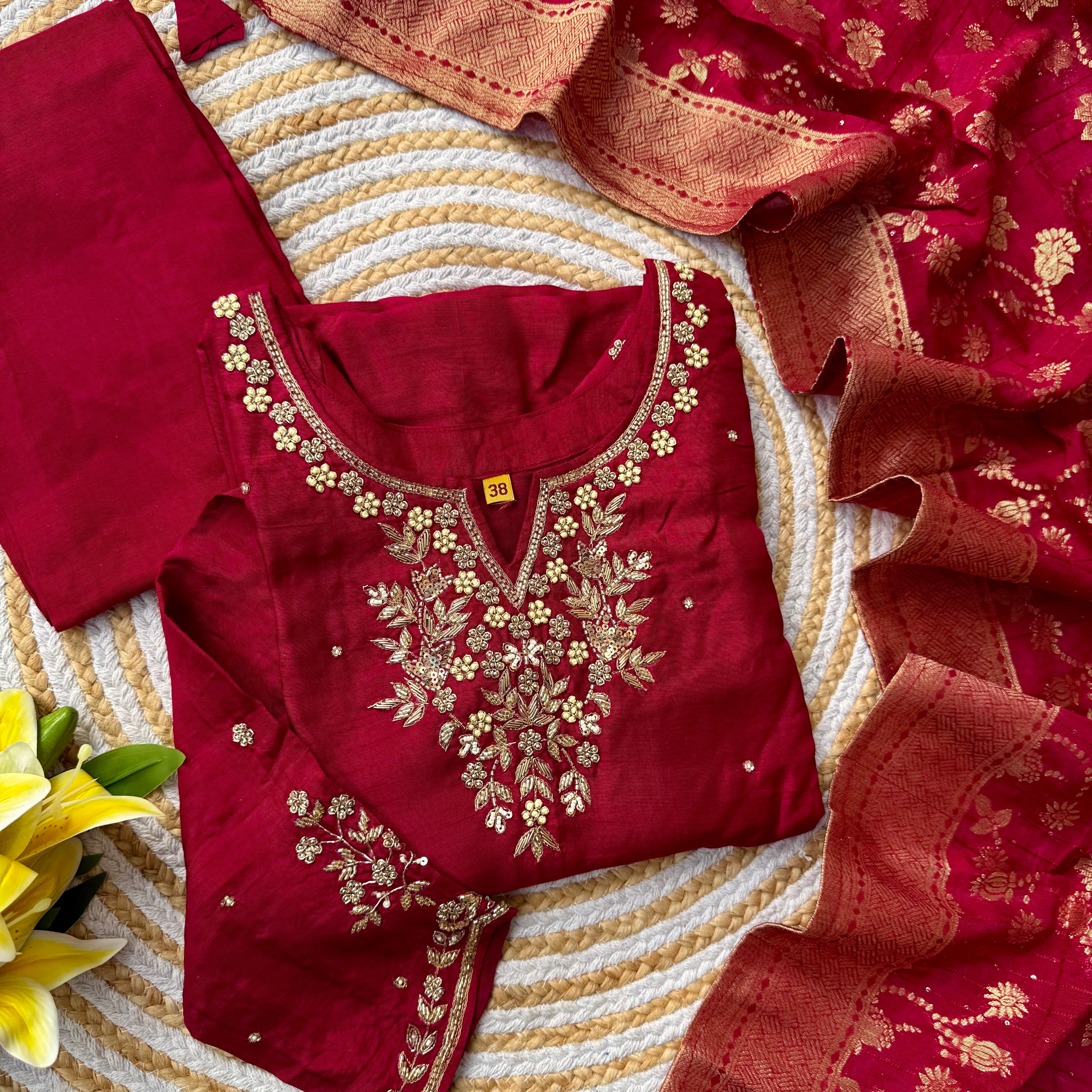 “Eshani” Party wear maroon Dola silk kurti set 🛍️