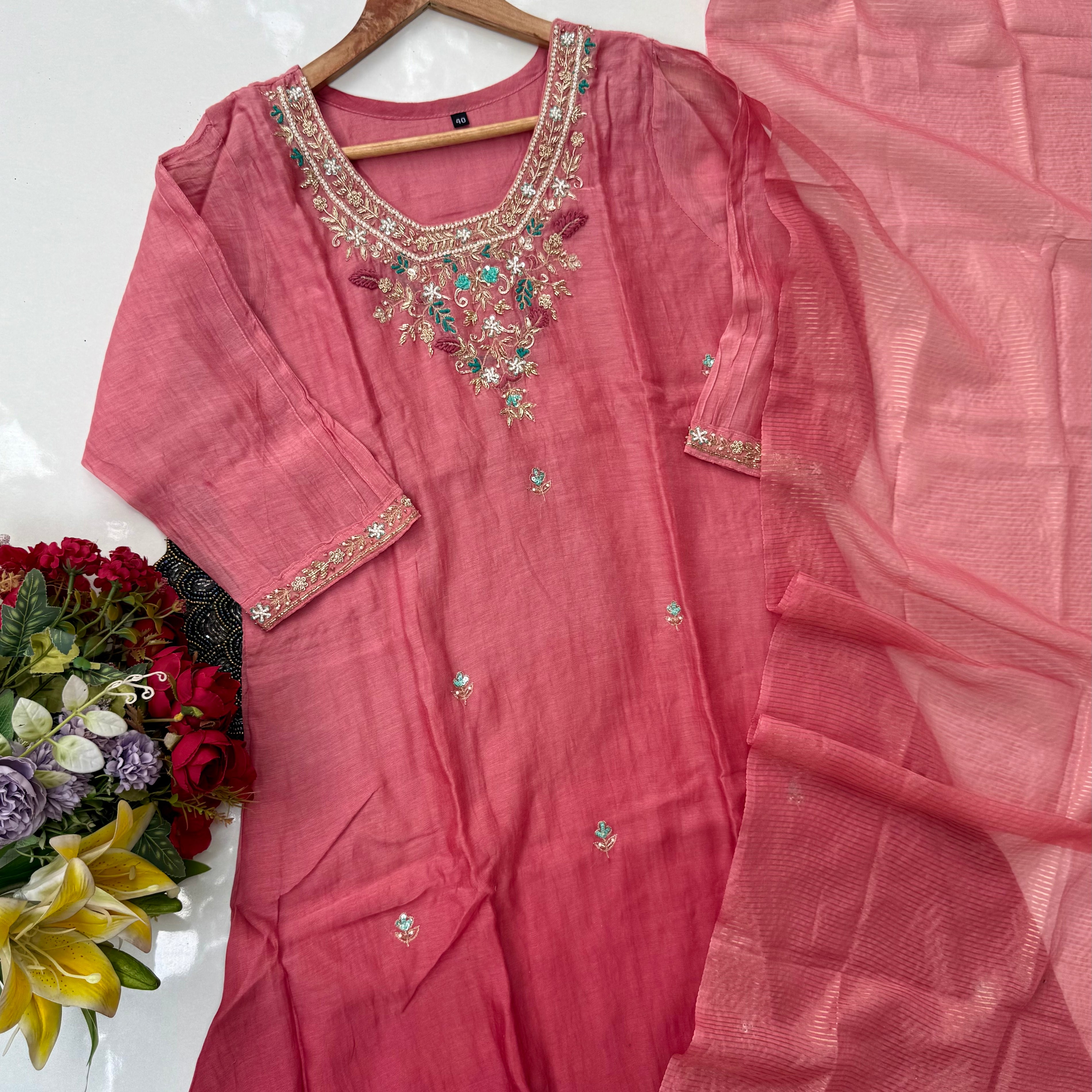 “Ruby” party wear Mul Chanderi Aline ombre kurta set 🛍️