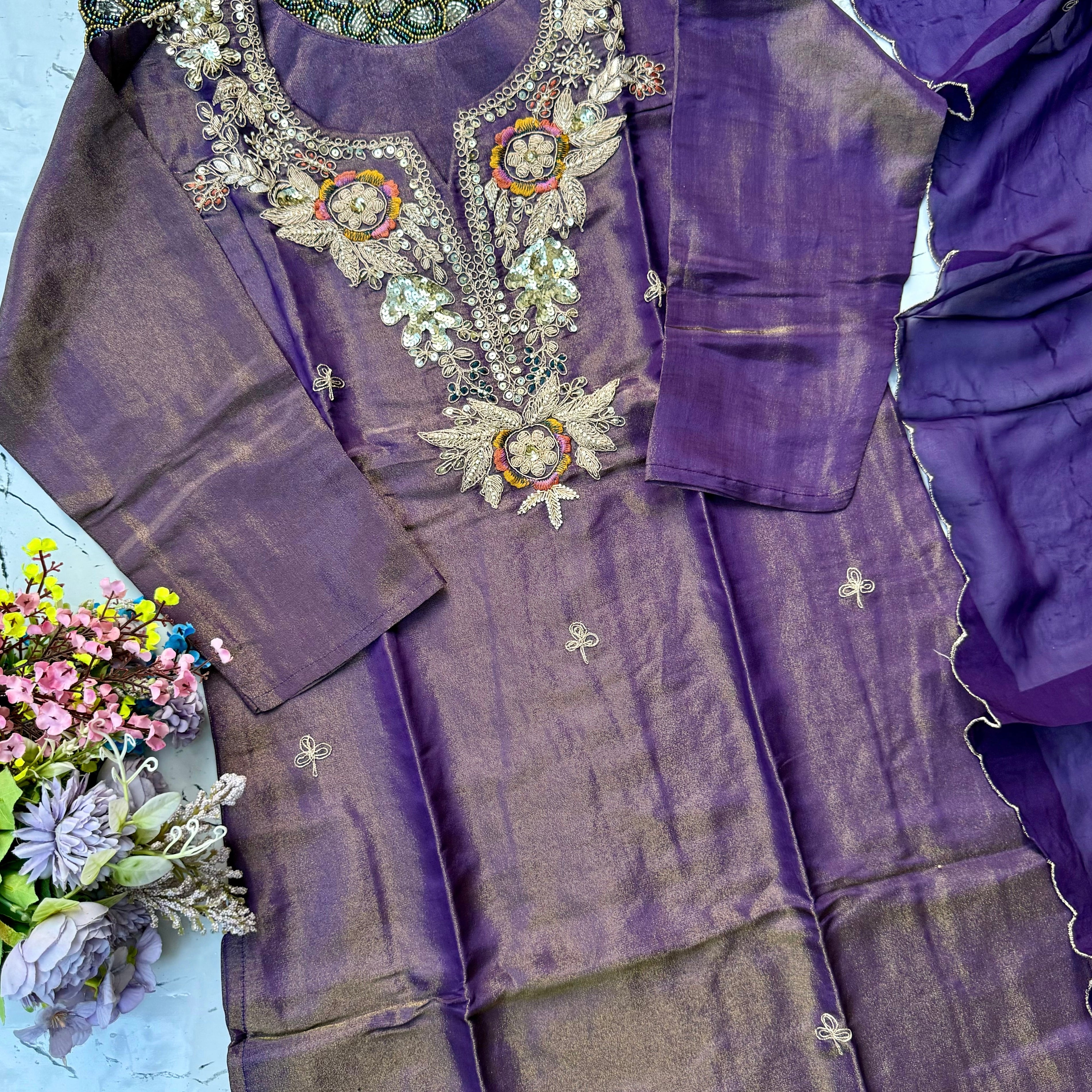 “HAYAT” Premium tissue silk stright kurti bottom with dupatta set