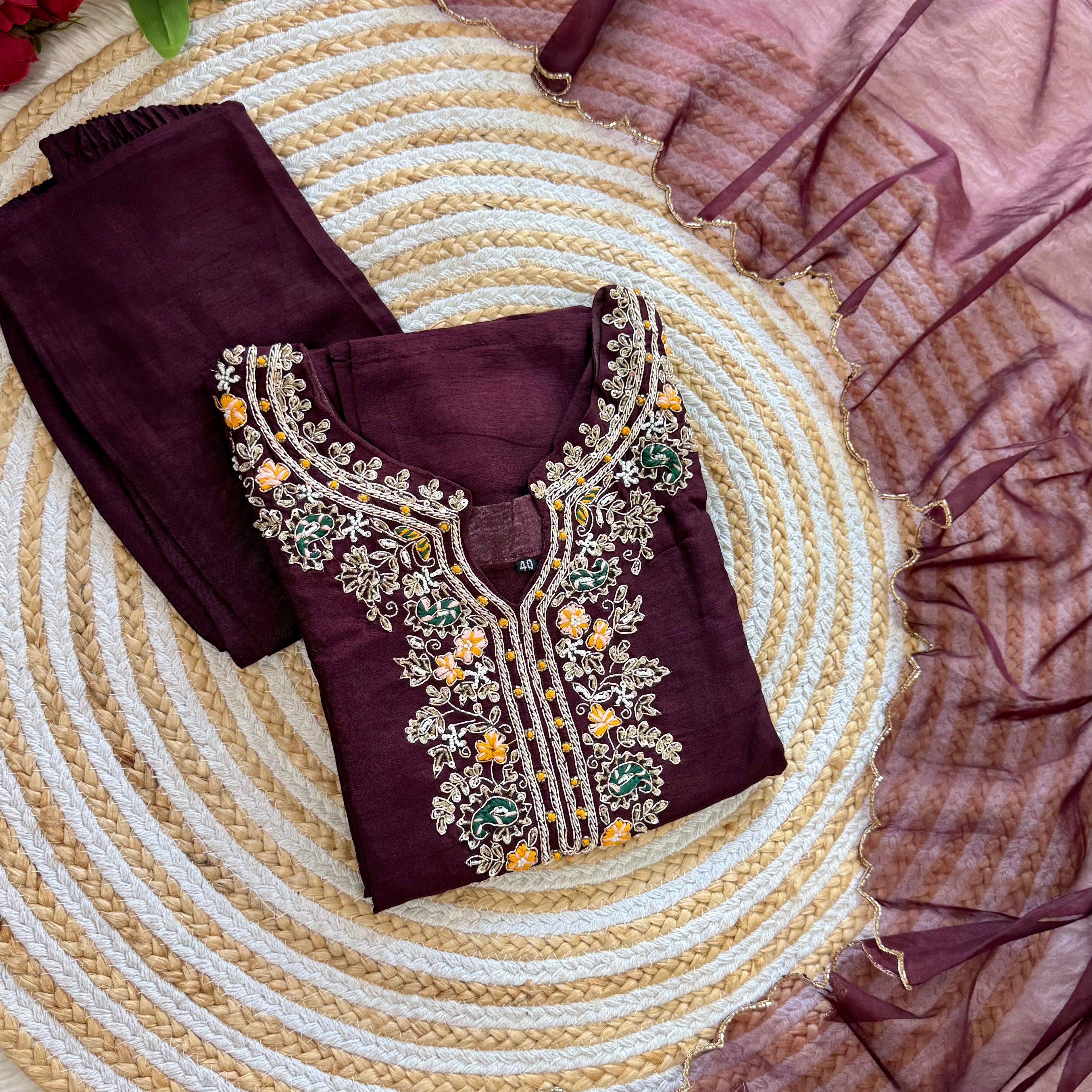 “ISHIKA” Brwon handcrafted dola silk kurti set