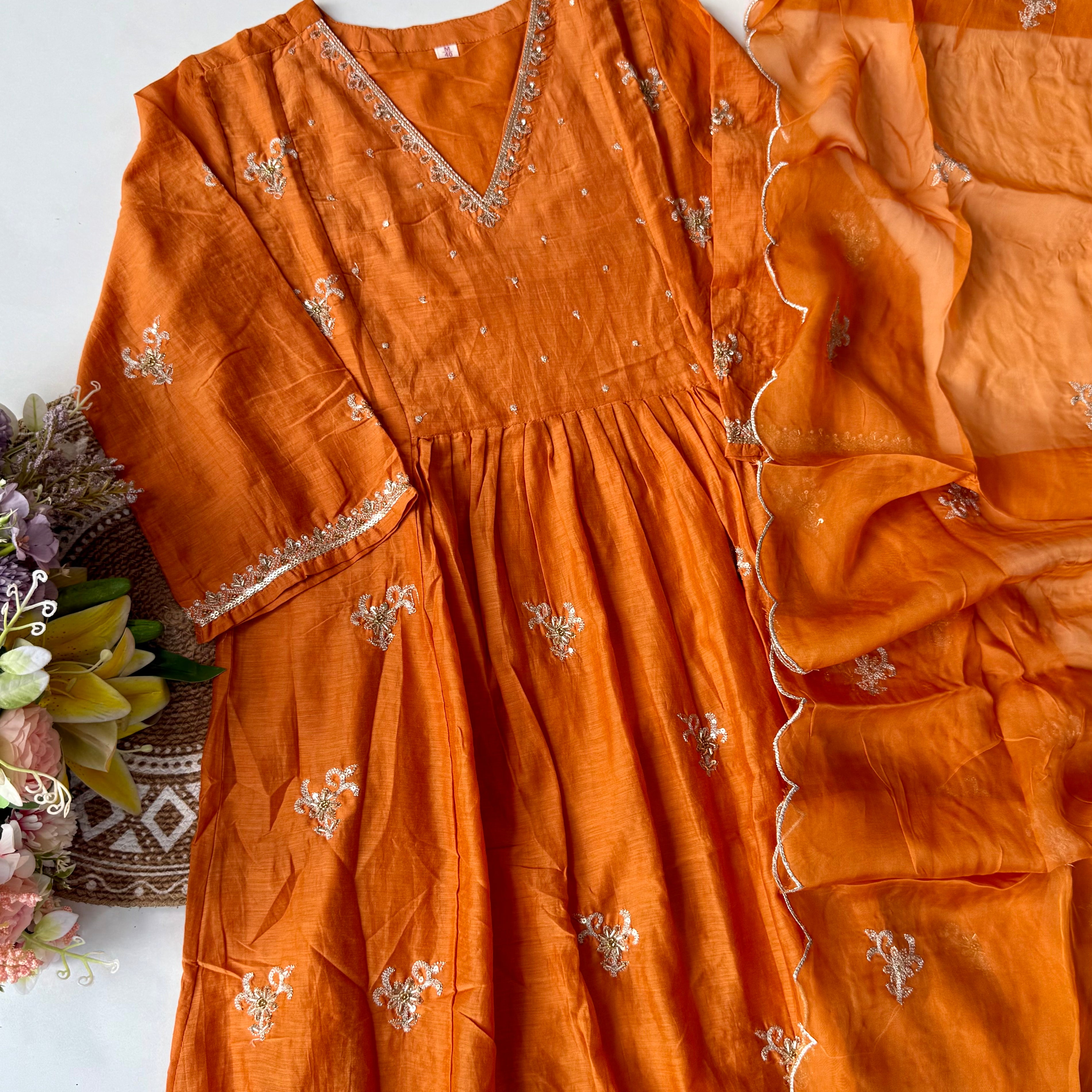 “Ishira” Premium Mul Chanderi Anarkali Kurta Set with Handwork