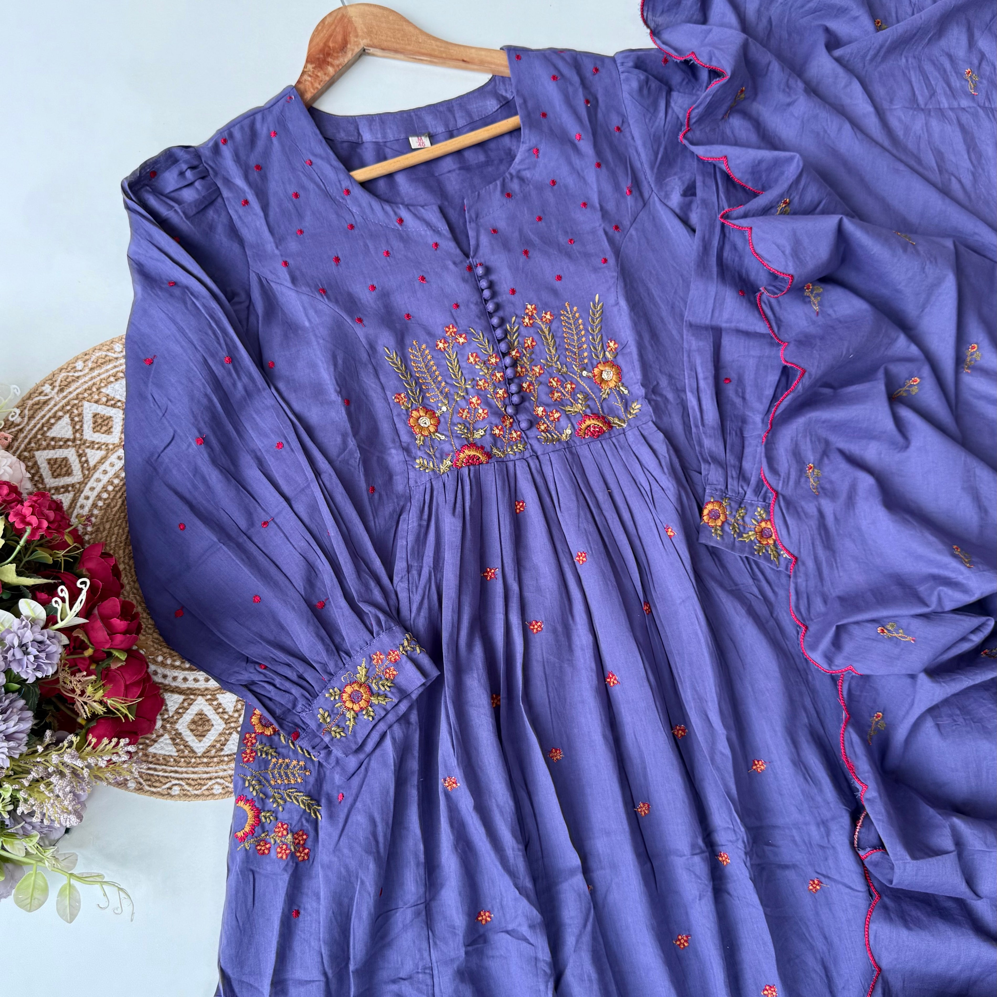 “Hera” Muted Purple Mulmul Anarkali suit set