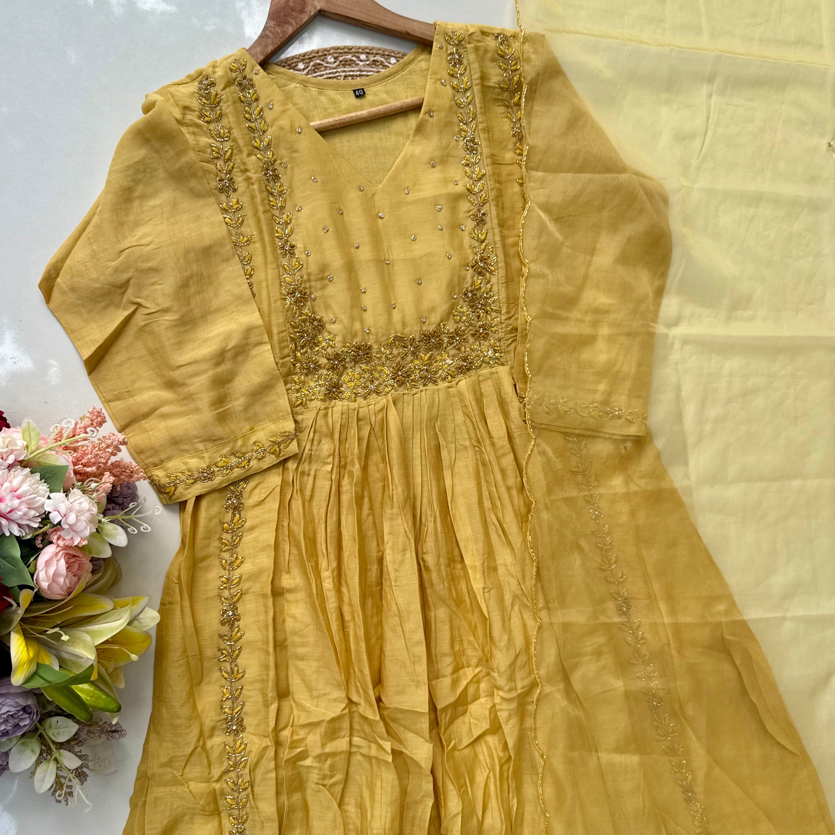 “Ayza” Golden yellow premium Mul Chanderi Anarkali kurta set 🛍️