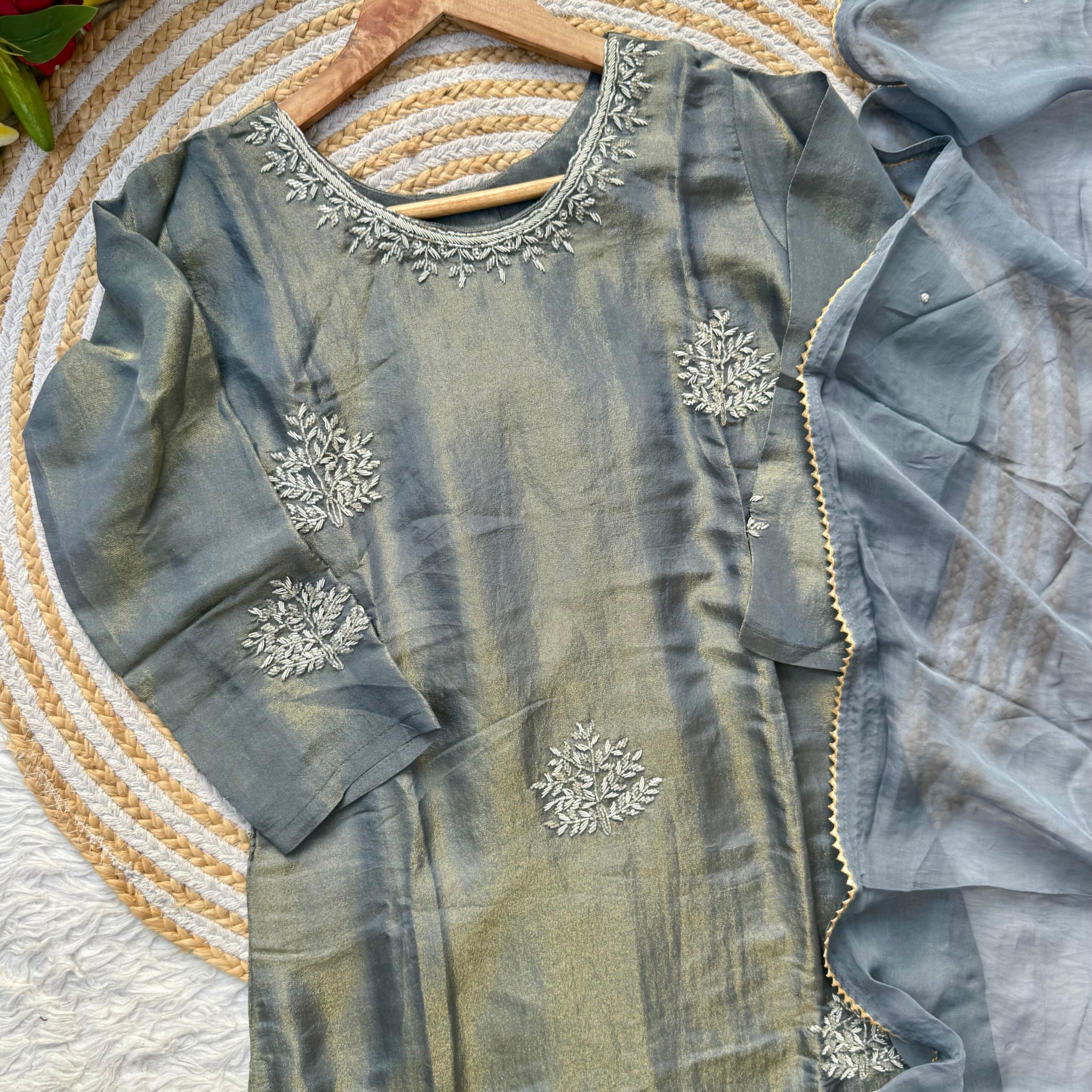 “DEEPALI” Best seller premium Silver Zardozi tissue silk kurti set