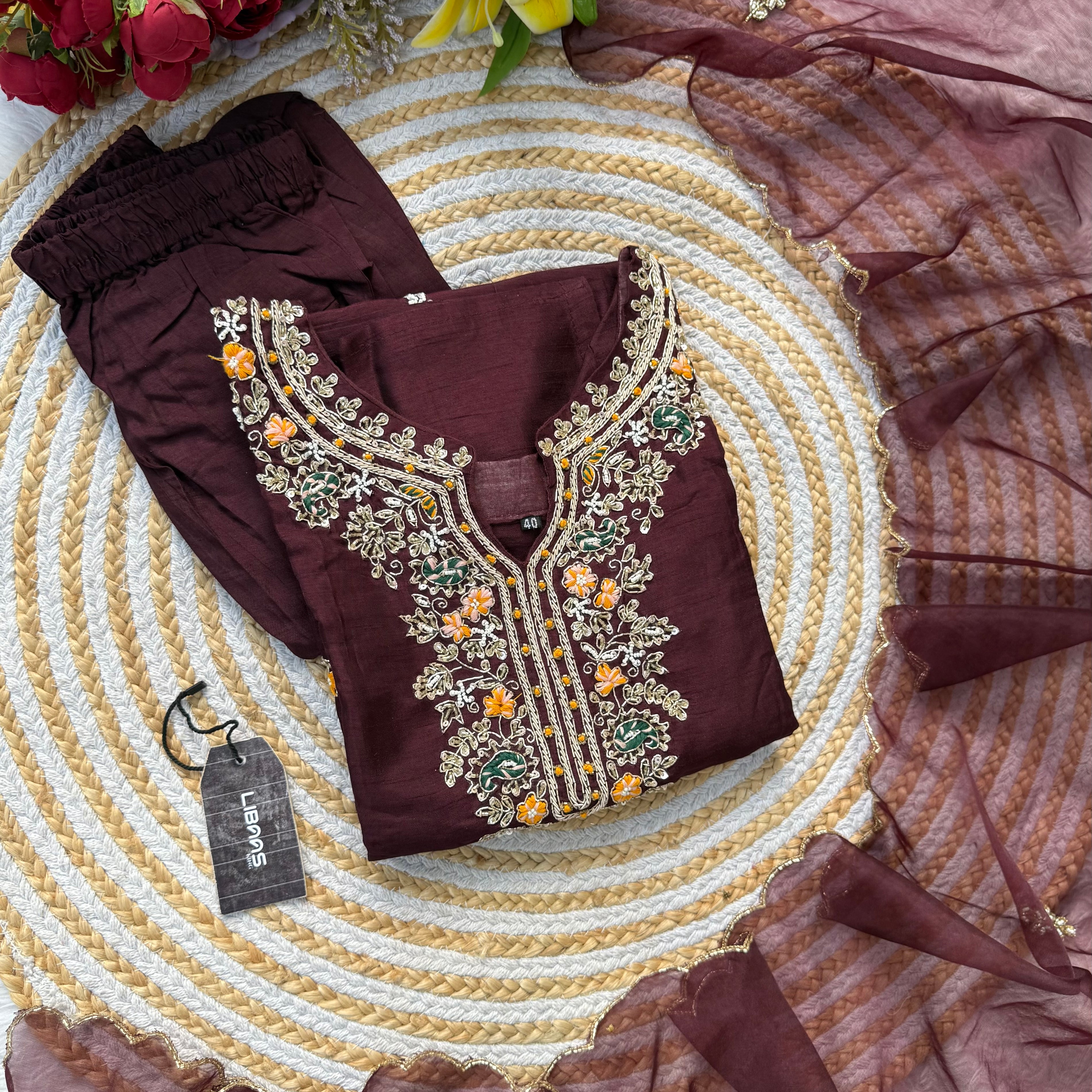 “ISHIKA” Brwon handcrafted dola silk kurti set