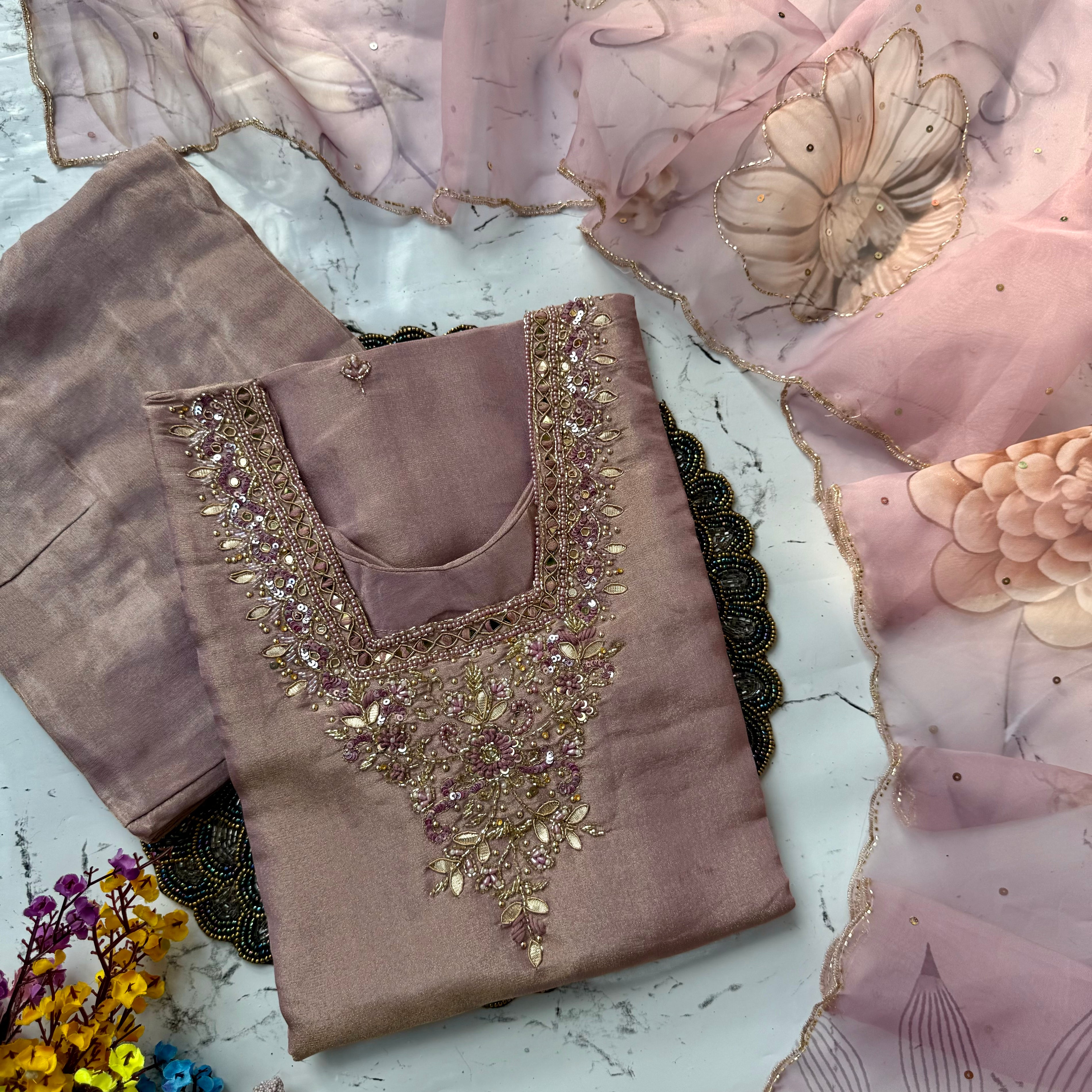 “Samita” Box design Party wear Tissue silk kurti palazzo set 🛍️