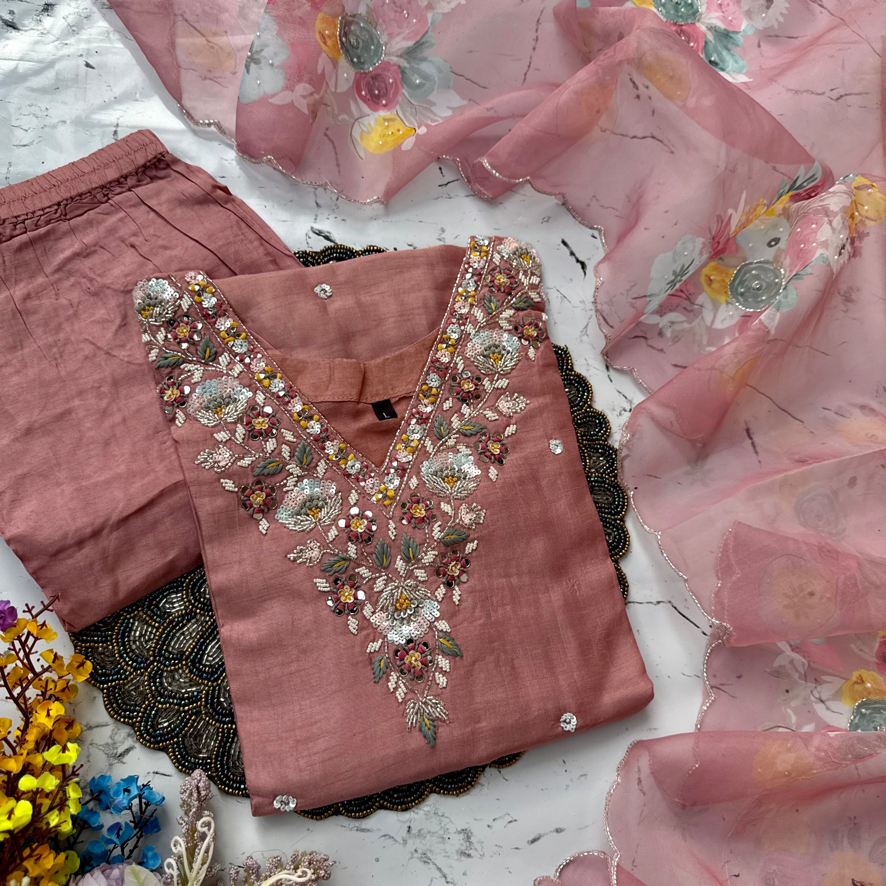 "Rashmi" Party wear Handcrafted dola silk set