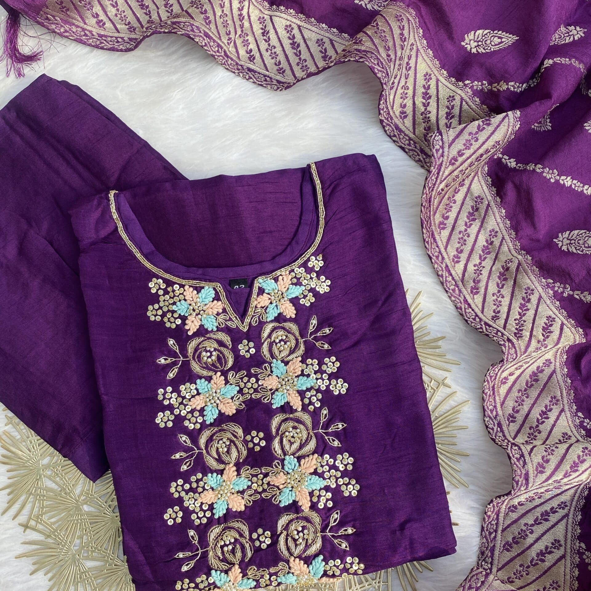 “ MAHIRA” Latest handwork purple dola silk kurta set