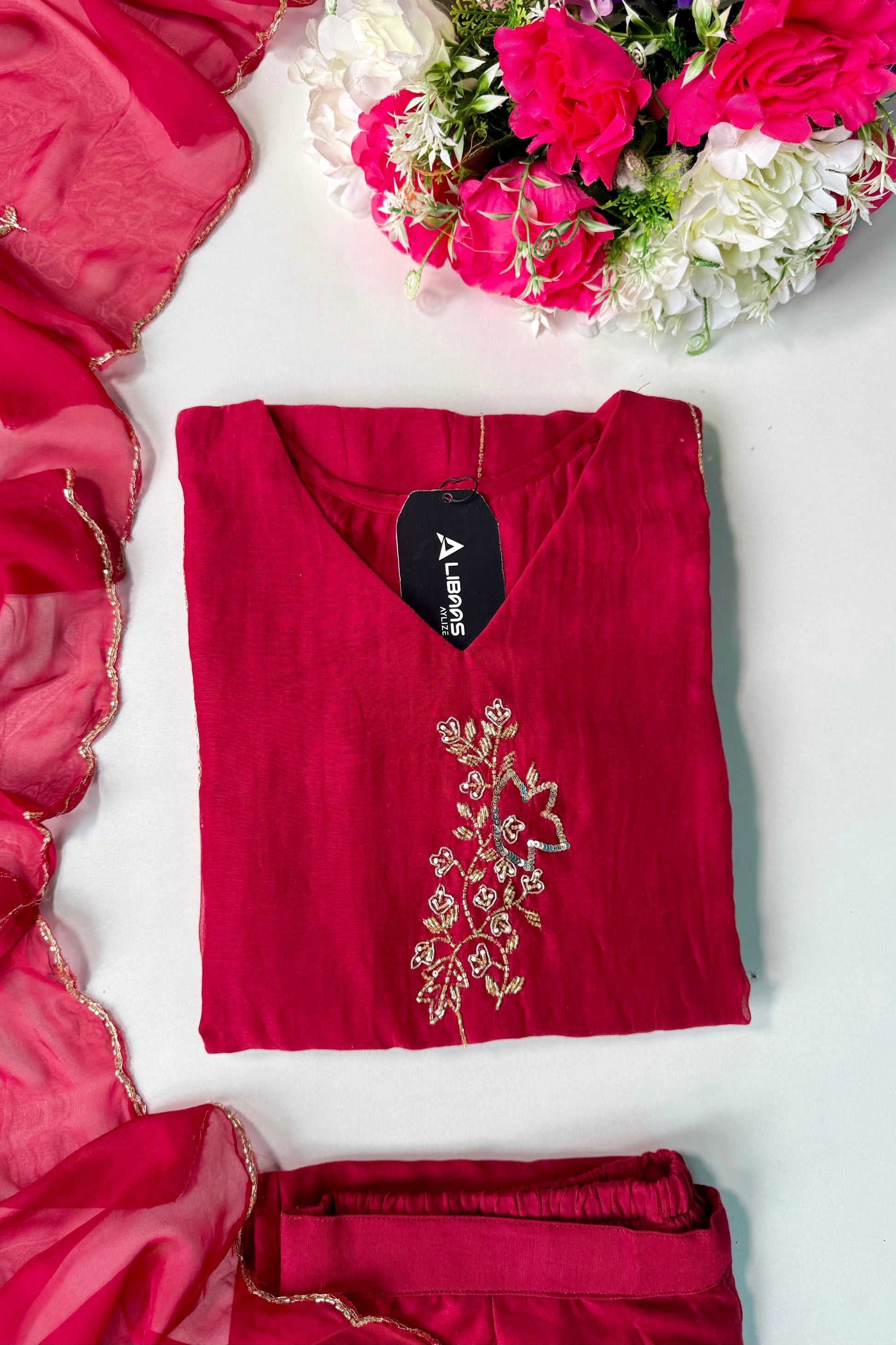 ✨”Rida - Premium Red Mul Chanderi A-Line Kurta Set