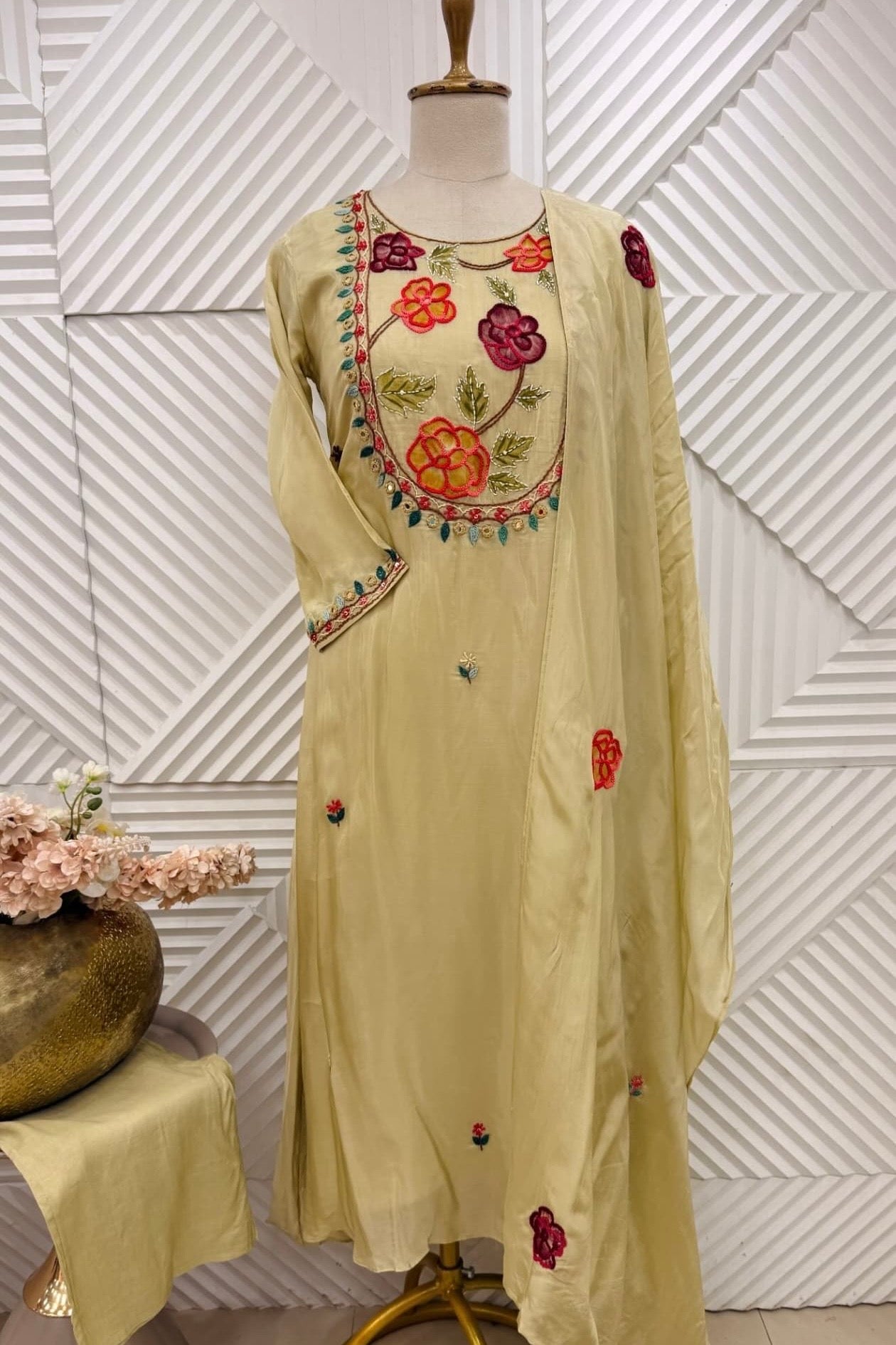🛍️”Farhat –  Mul Chanderi Thread work A Line Kurta Set