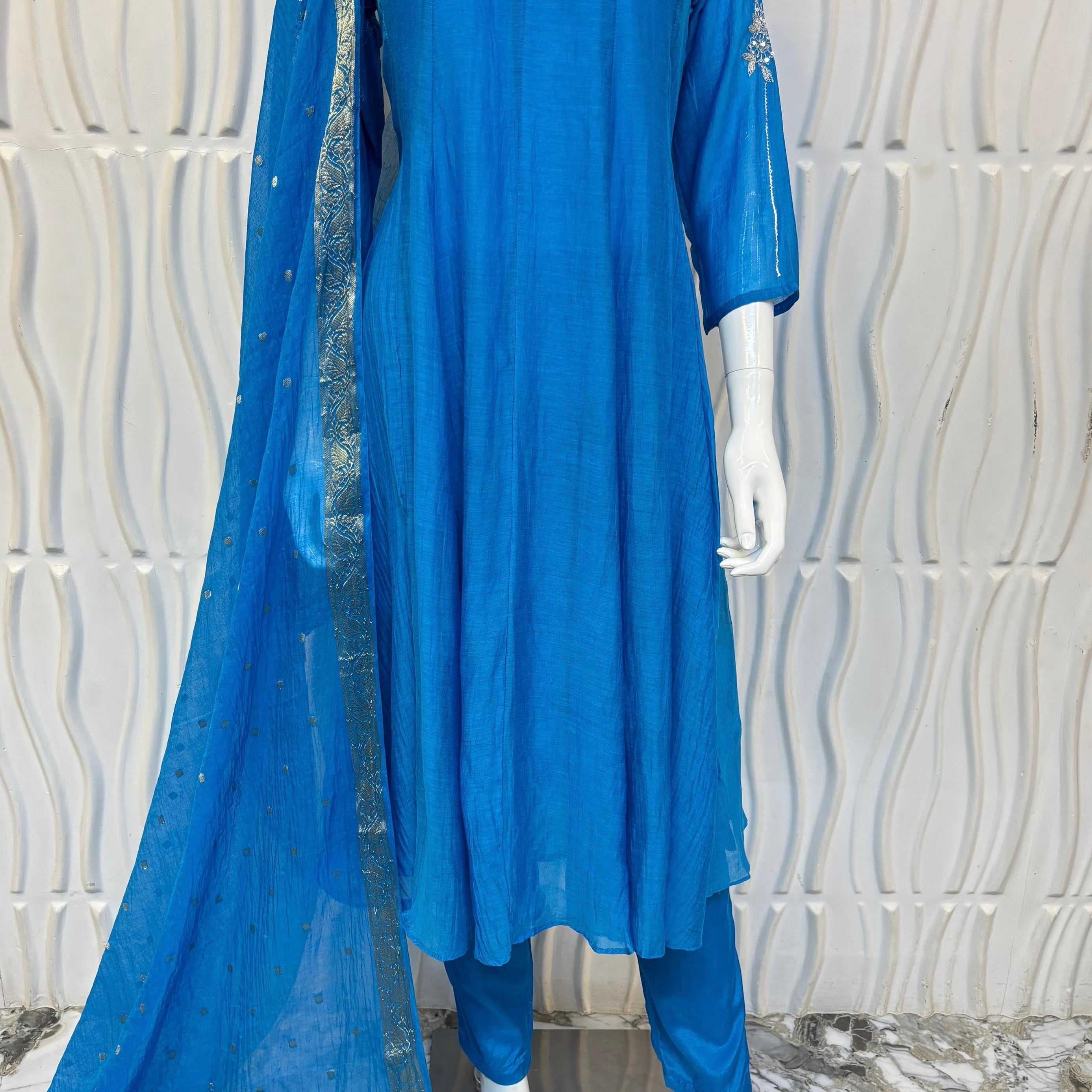 ✨ “Azure – Blue Elegance Mul Chanderi A-Line Suit