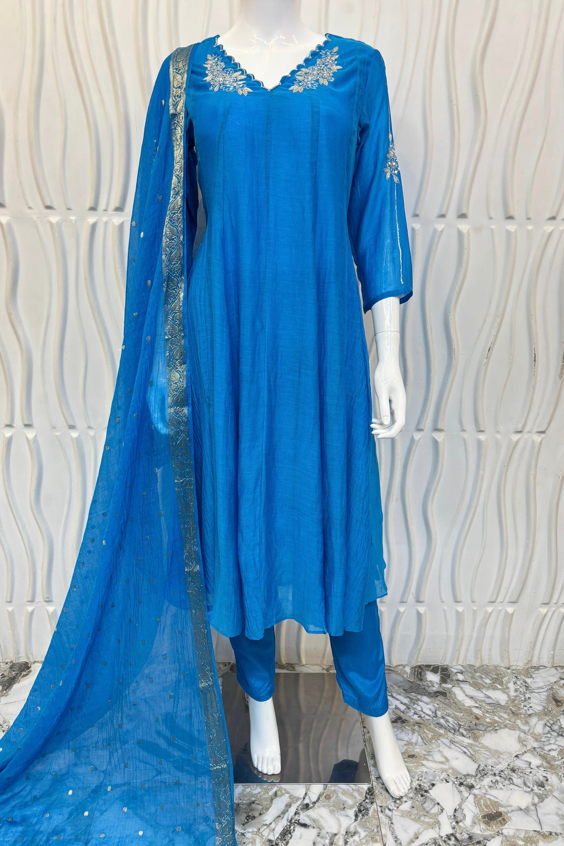 ✨ “Azure – Blue Elegance Mul Chanderi A-Line Suit