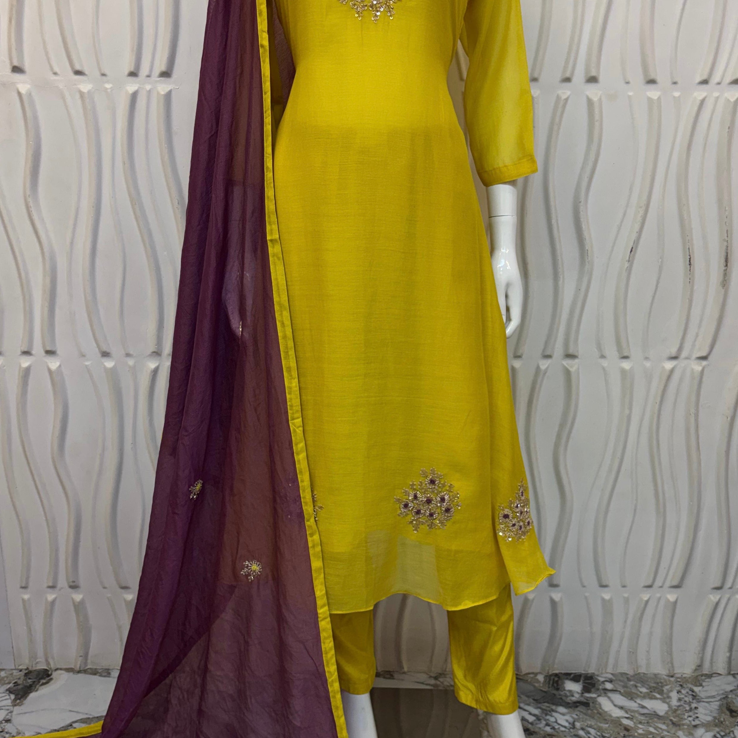 🛍️”Sinthya –  Premium Yellow Mul Chanderi A Line Kurta Set