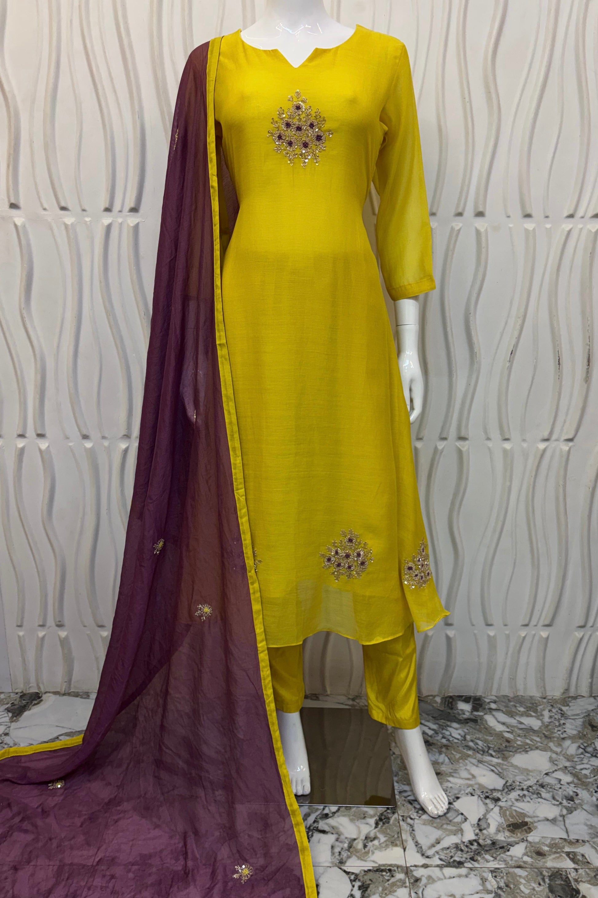 🛍️”Sinthya –  Premium Yellow Mul Chanderi A Line Kurta Set