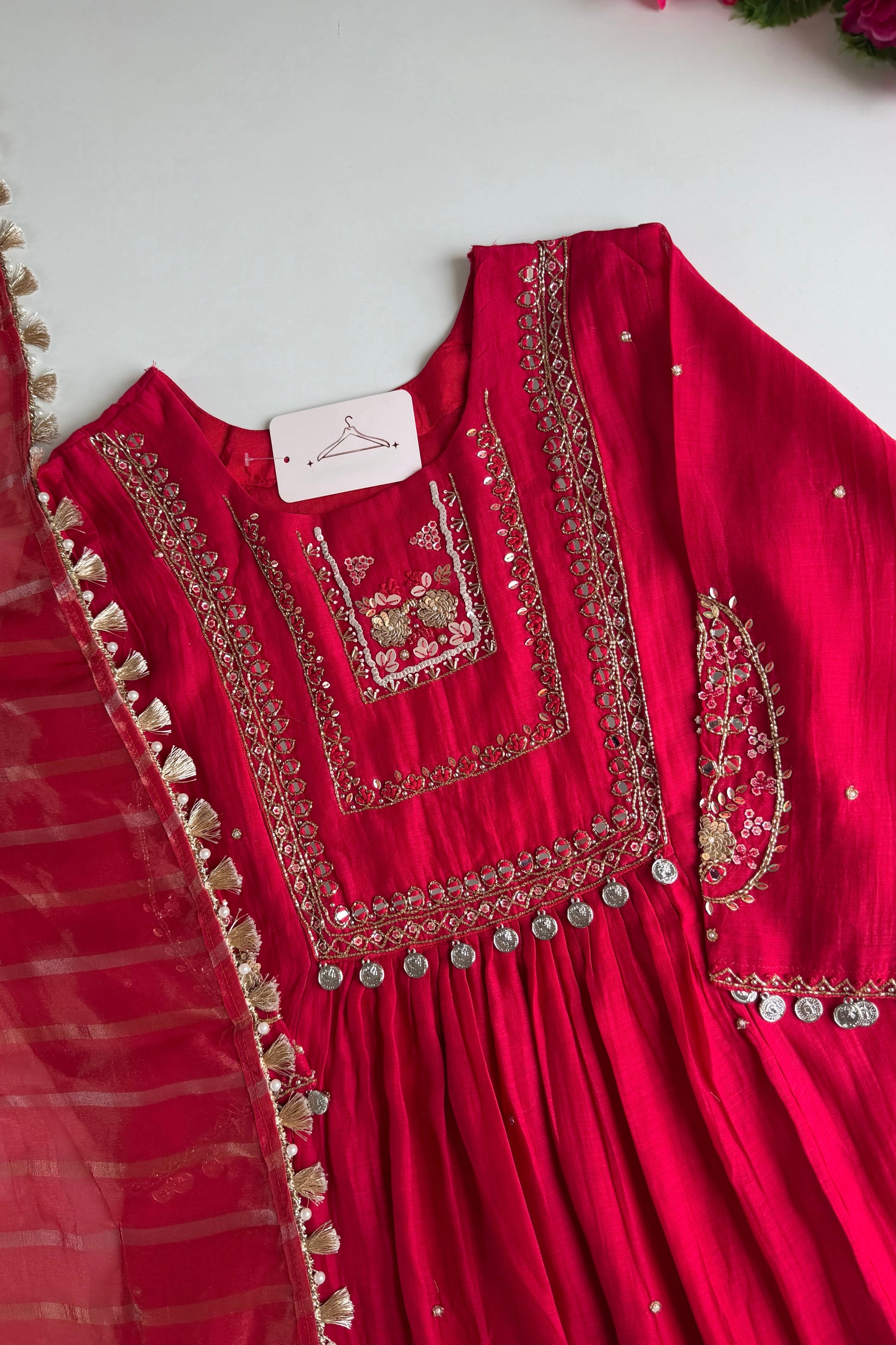 ✨”Noor - Premium Red Mul Chanderi A-Line Kurta Set