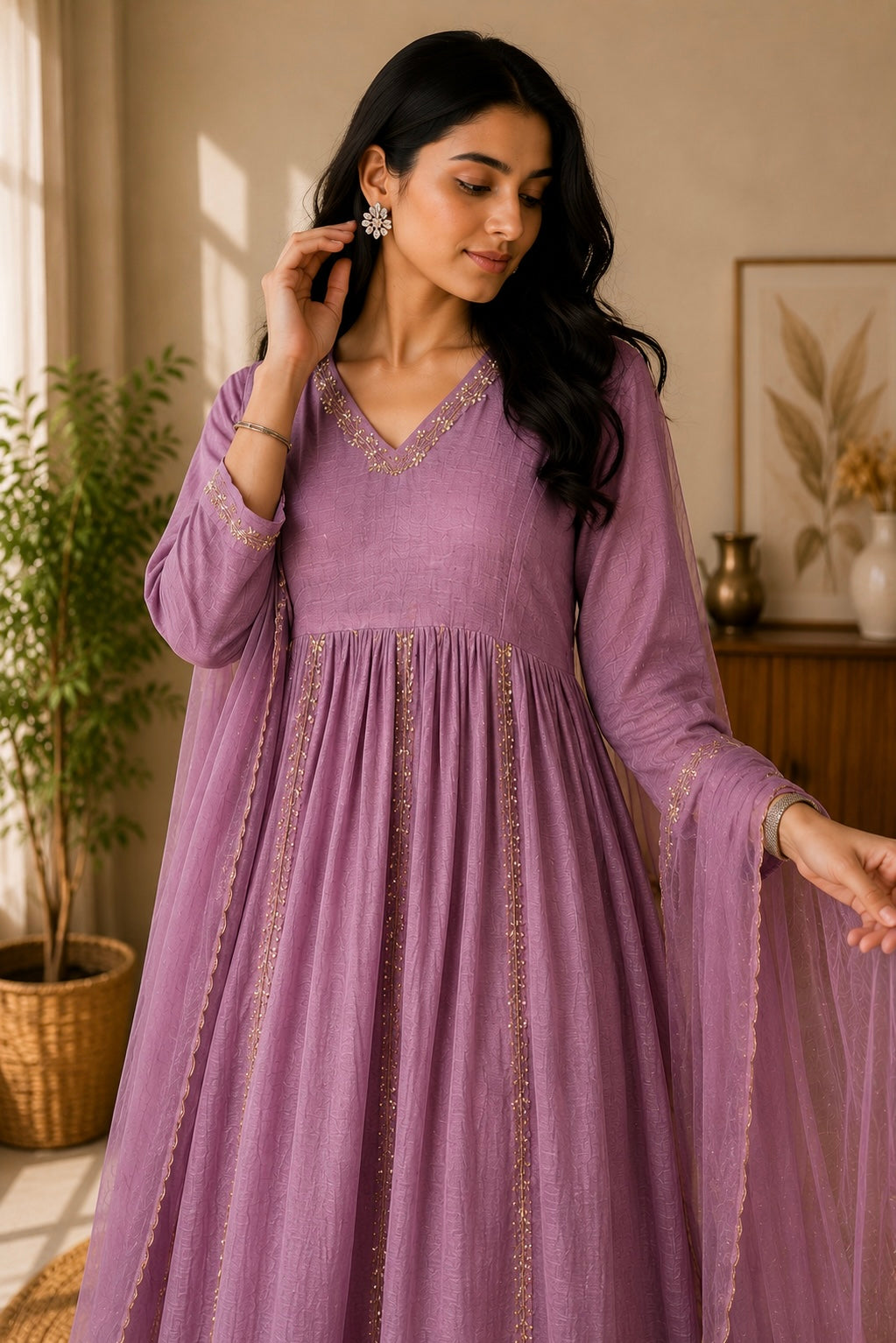 ✨Florence - Mauve Rosewood Mul Chanderi Anarkali Suit set 🛍️