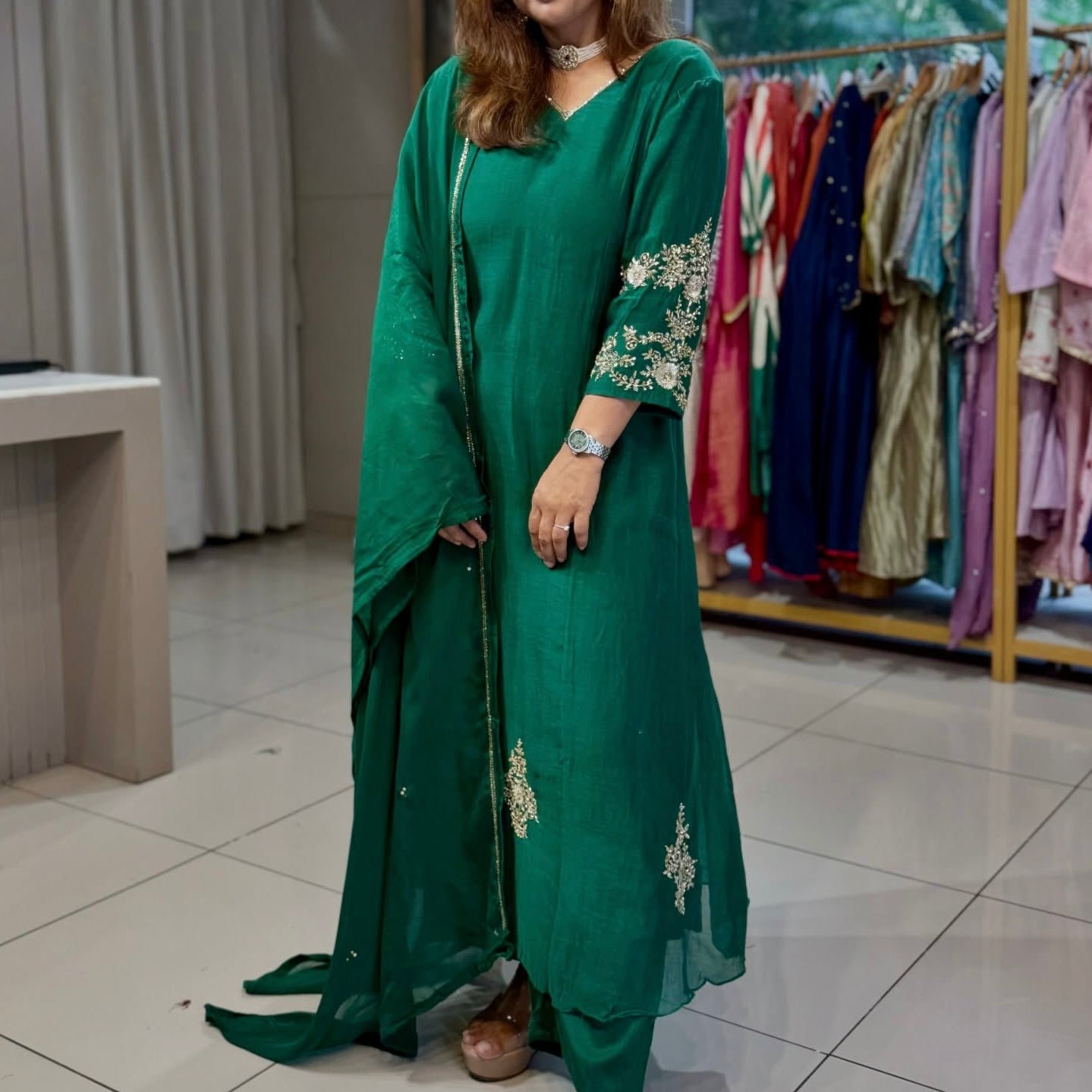 ✨”Zaria -Green Mul Chanderi A-Line Kurta Set