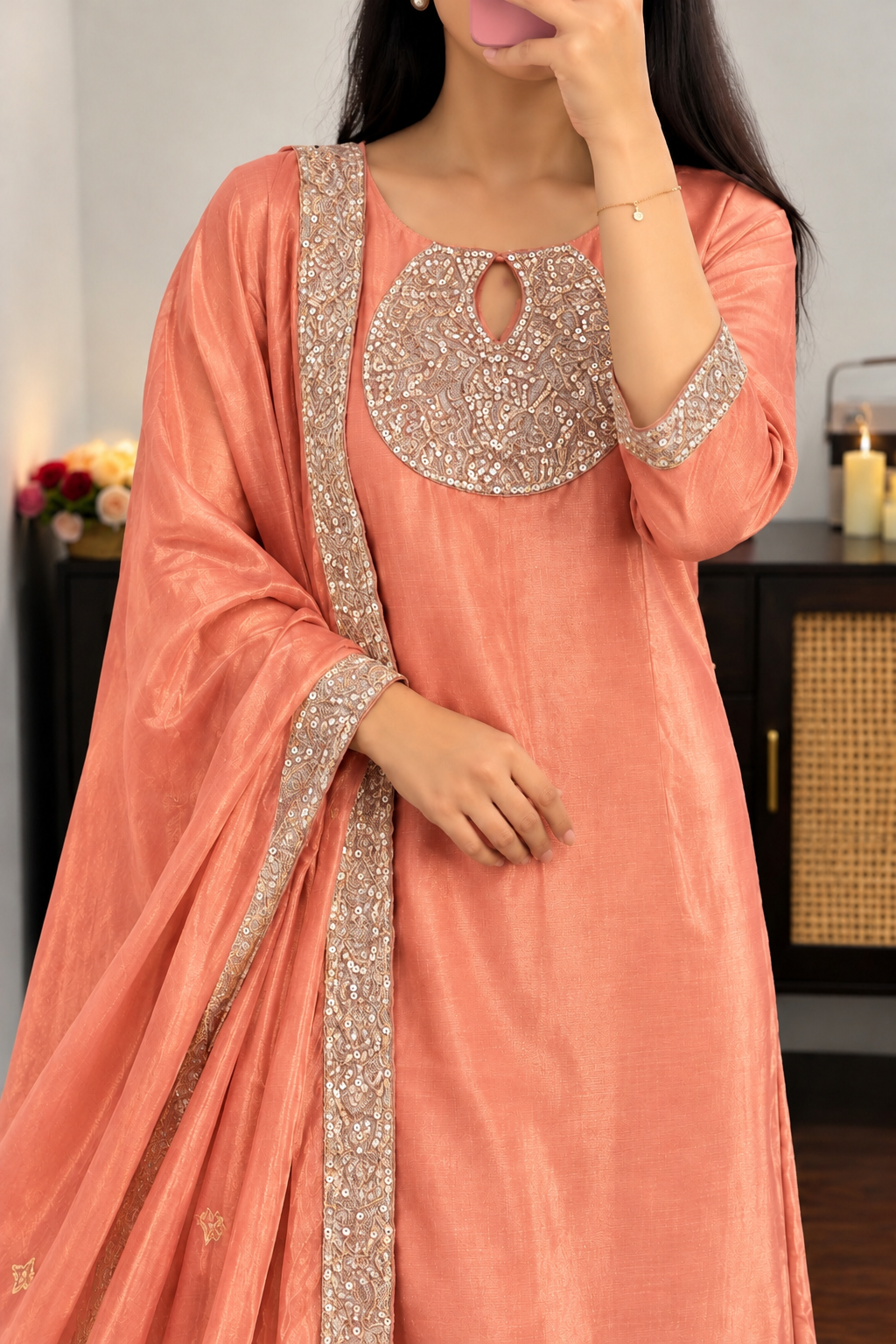 “SHINE” Beautiful Peach with gold shimmer tissue kurta set