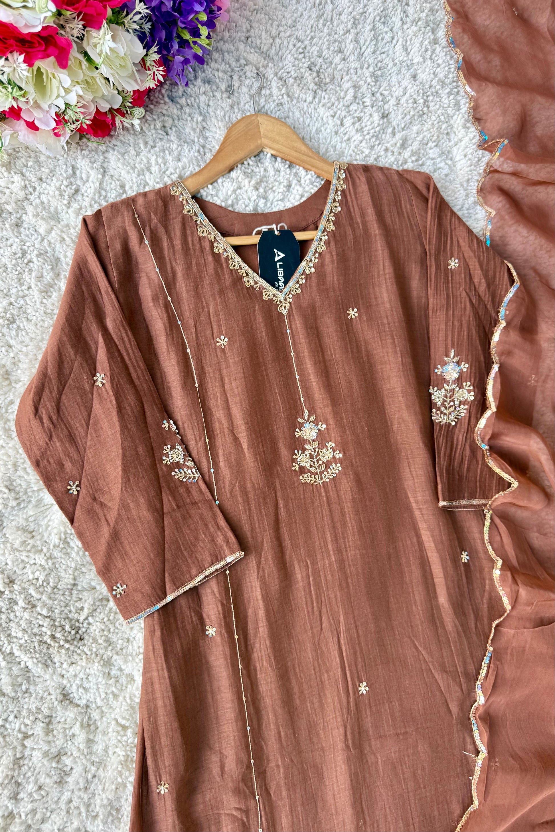 ”Grace- Premium Rich Brown Mul Chanderi Kurta Set 🛍️