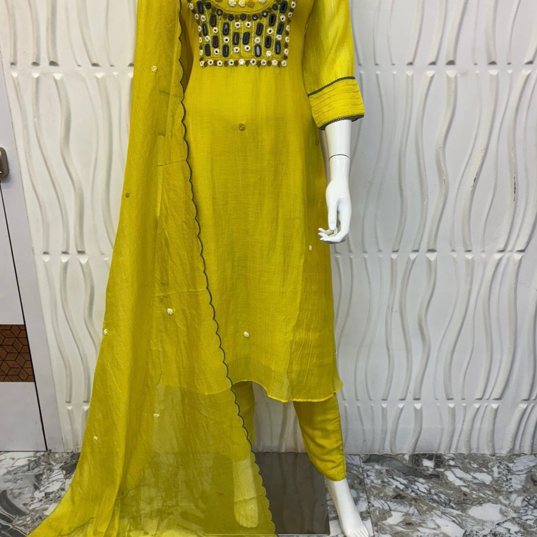 “KIARA” Mirror Work Lemon Yellow Mul Chanderi A Line kurta set