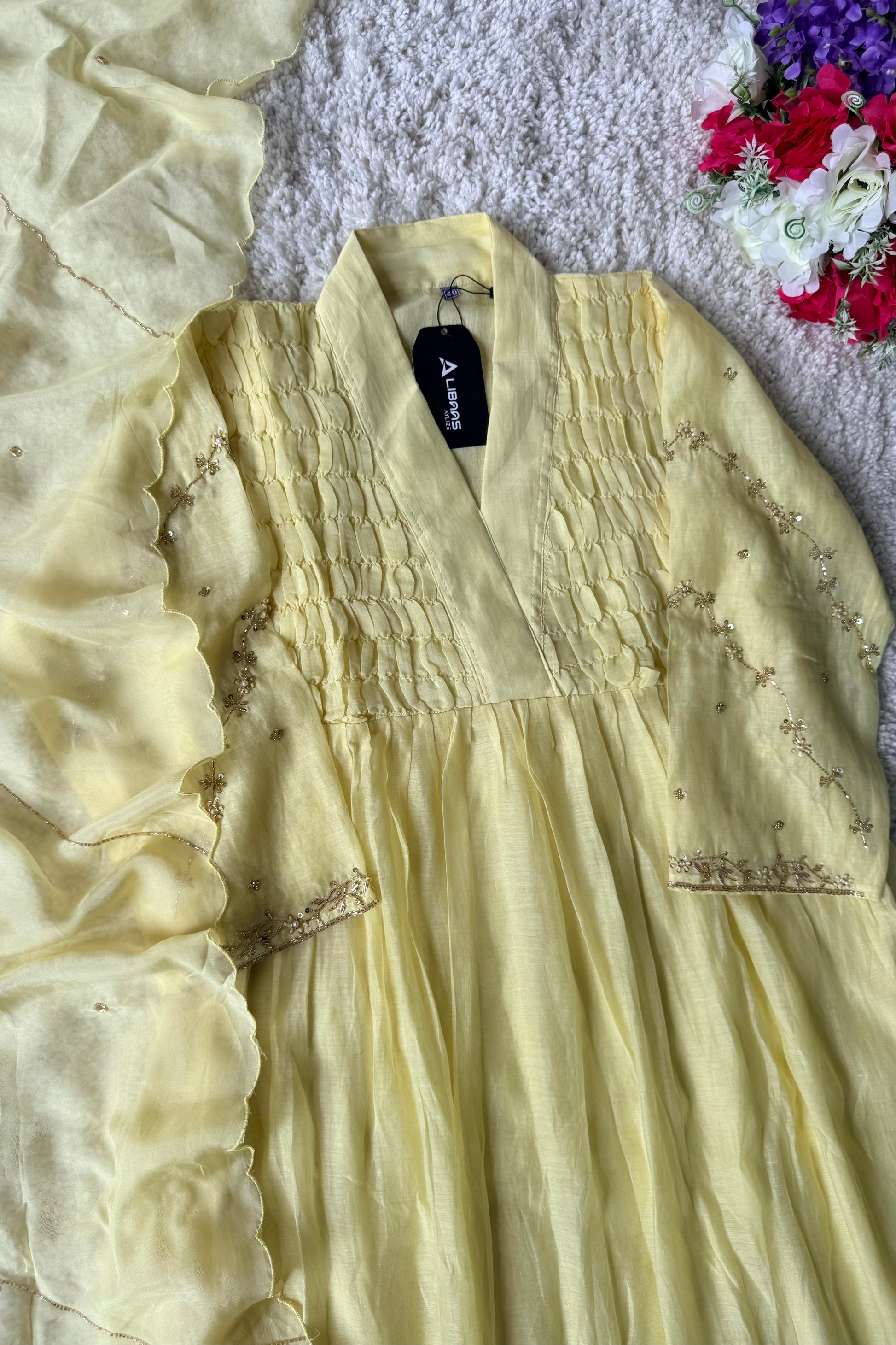 ✨Umang- Premium Yellow Mul Chanderi Anarkali Kurta Set