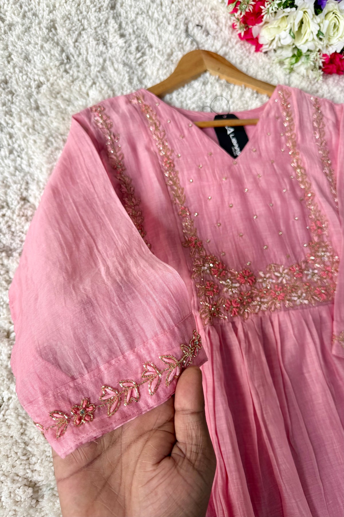 “Ayza” Premium Blush Rose Pink  Mul Chanderi A Line Suit set