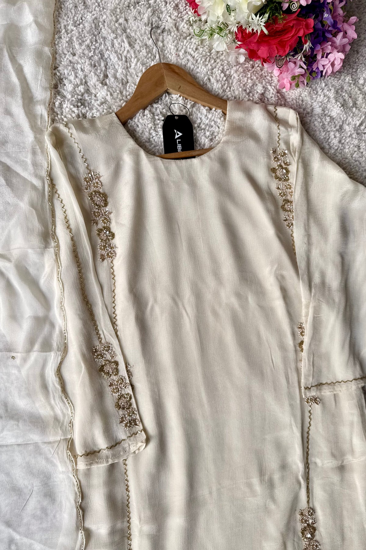 ✨Amara -Introducing Cream Heavy Handwork Chinnon A Line Suit