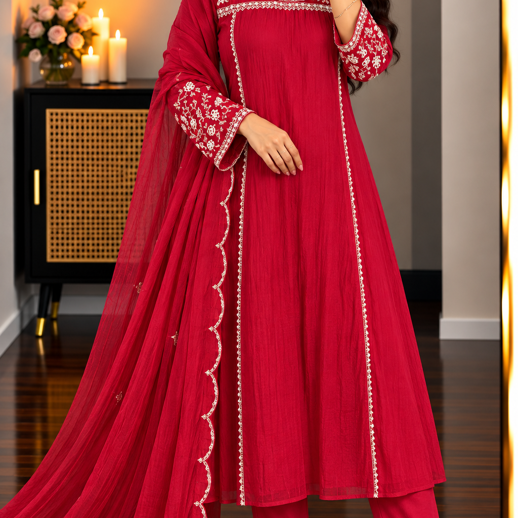 Roz- Premium Red Mul Chanderi A Line Kurta Set ✨