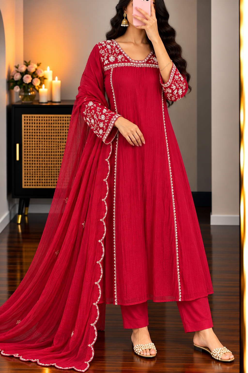Roz- Premium Red Mul Chanderi A Line Kurta Set ✨