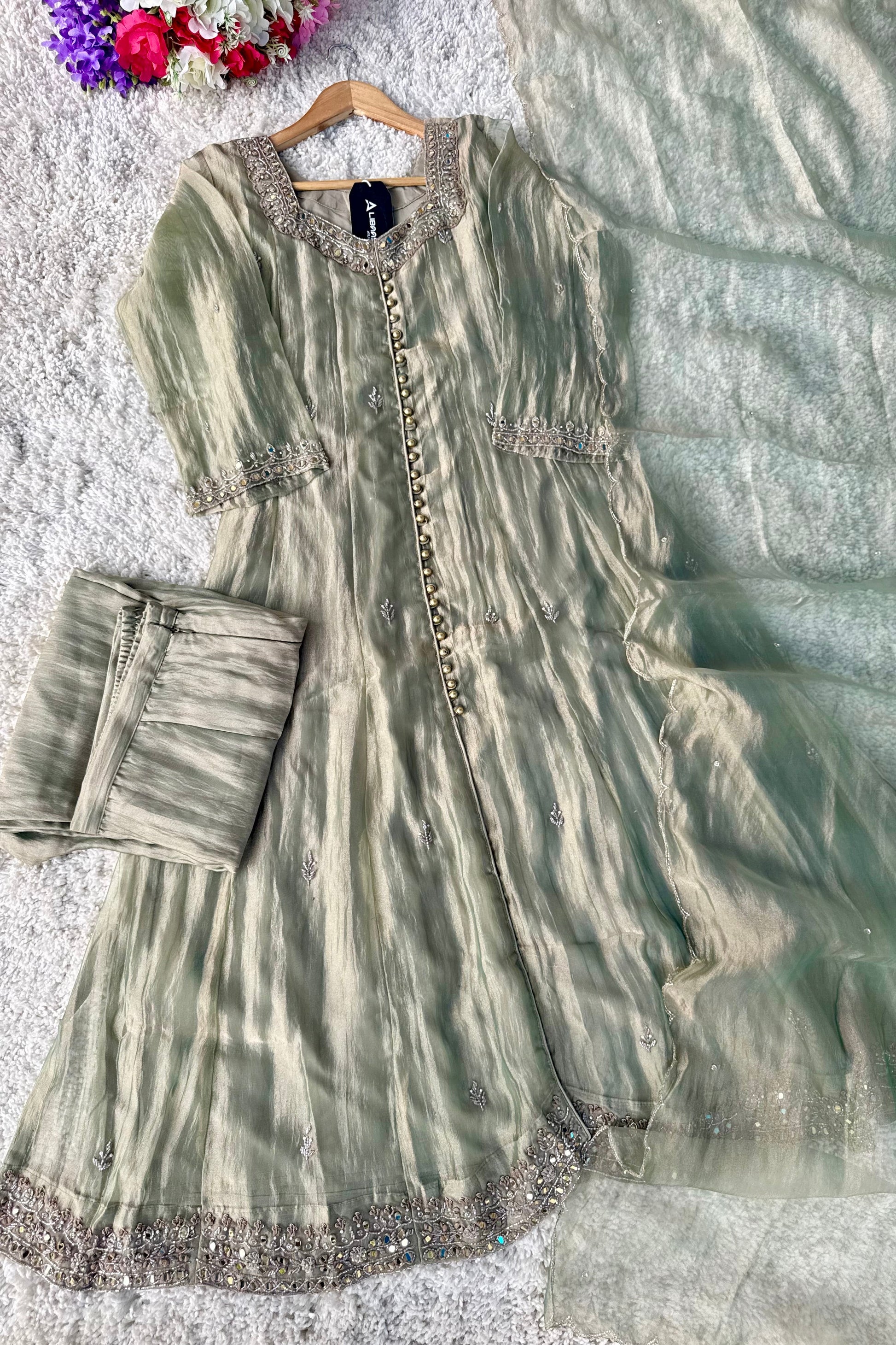 ✨Aiyana- Crushed Tissue Heavy Handwork Anarkali Suit
