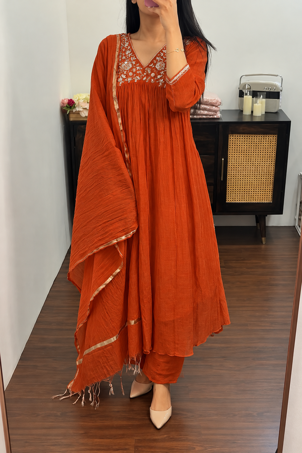 ✨”Mahek-Rust Orange Mul Chanderi A-Line Kurta Set✨