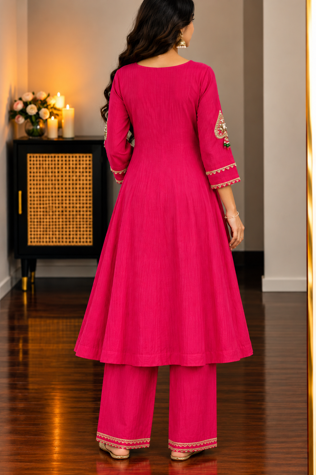 “Diamond” Trending Premium Pink  Mul Chanderi A Line Suit set