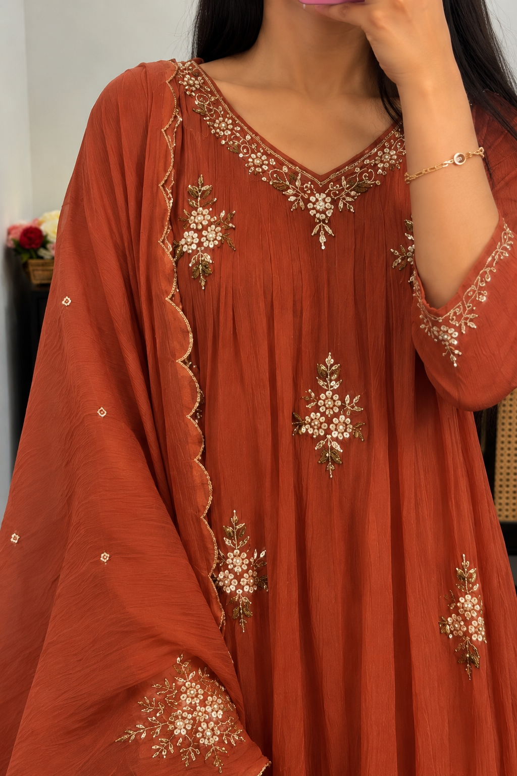 🧡 Zidan- Premium Rust Orange Mul Chanderi A Line Suit set