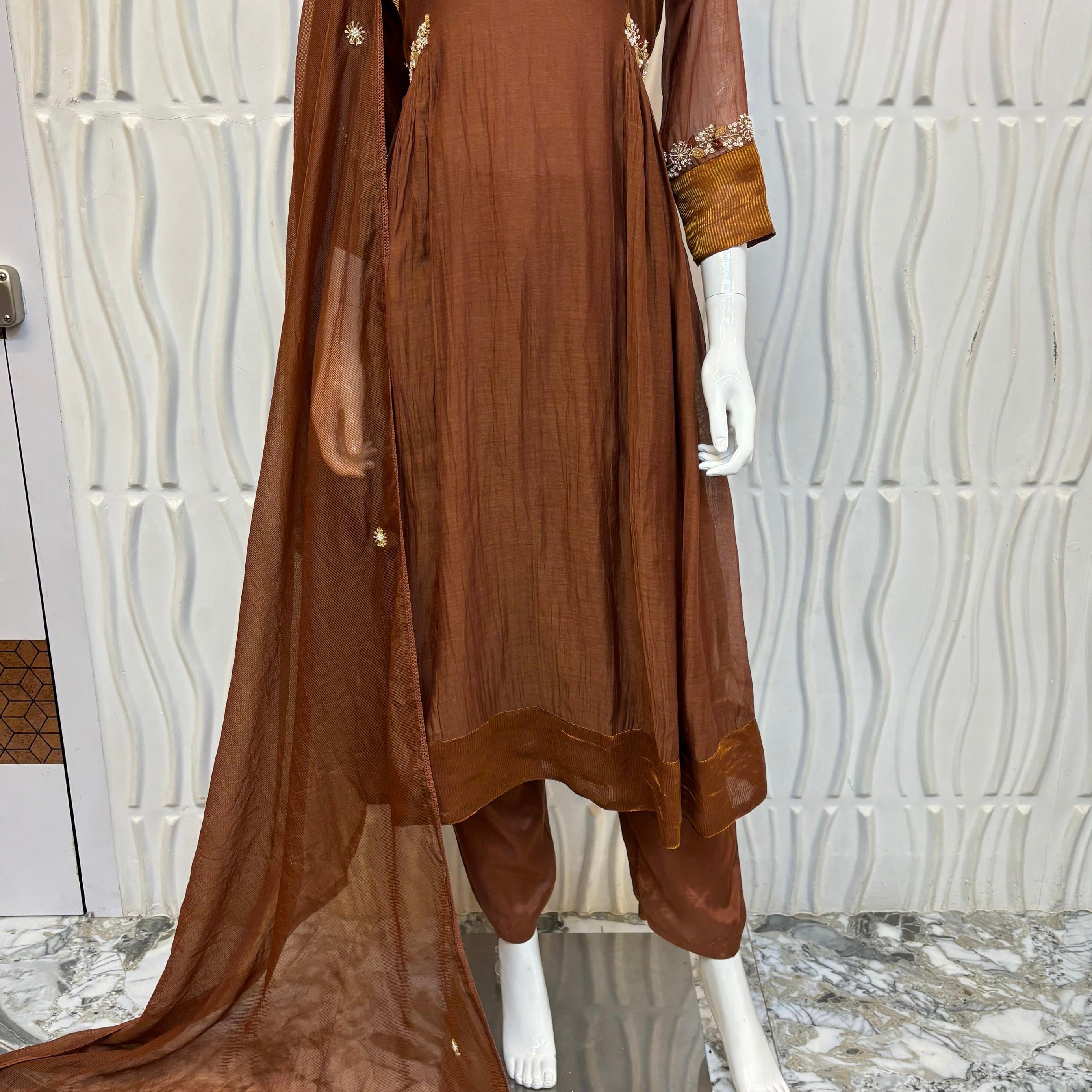 ✨Aabira – Coffee Brown Mul Chanderi Anarkali kurti bottom with dupatta