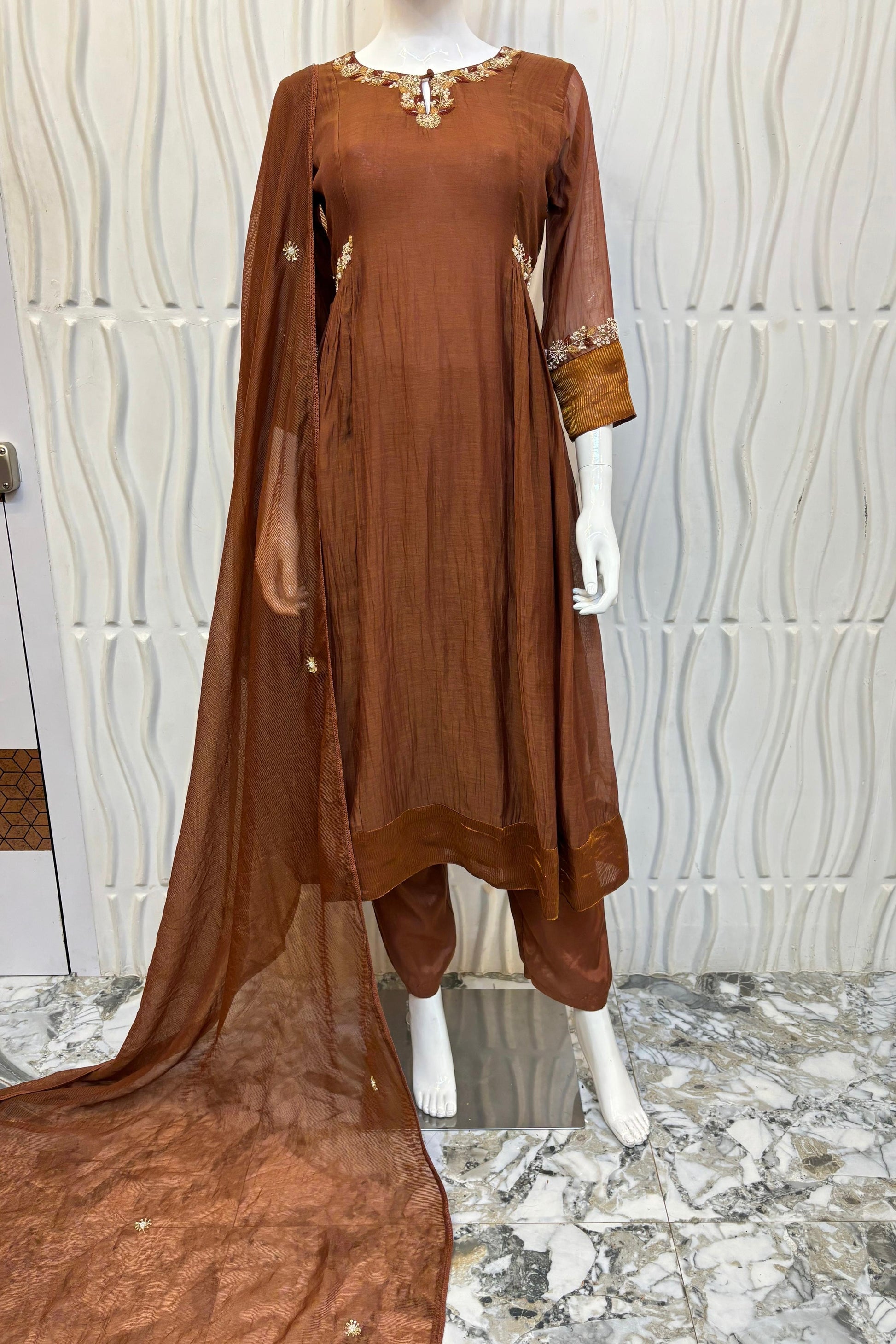 ✨Aabira – Coffee Brown Mul Chanderi Anarkali kurti bottom with dupatta