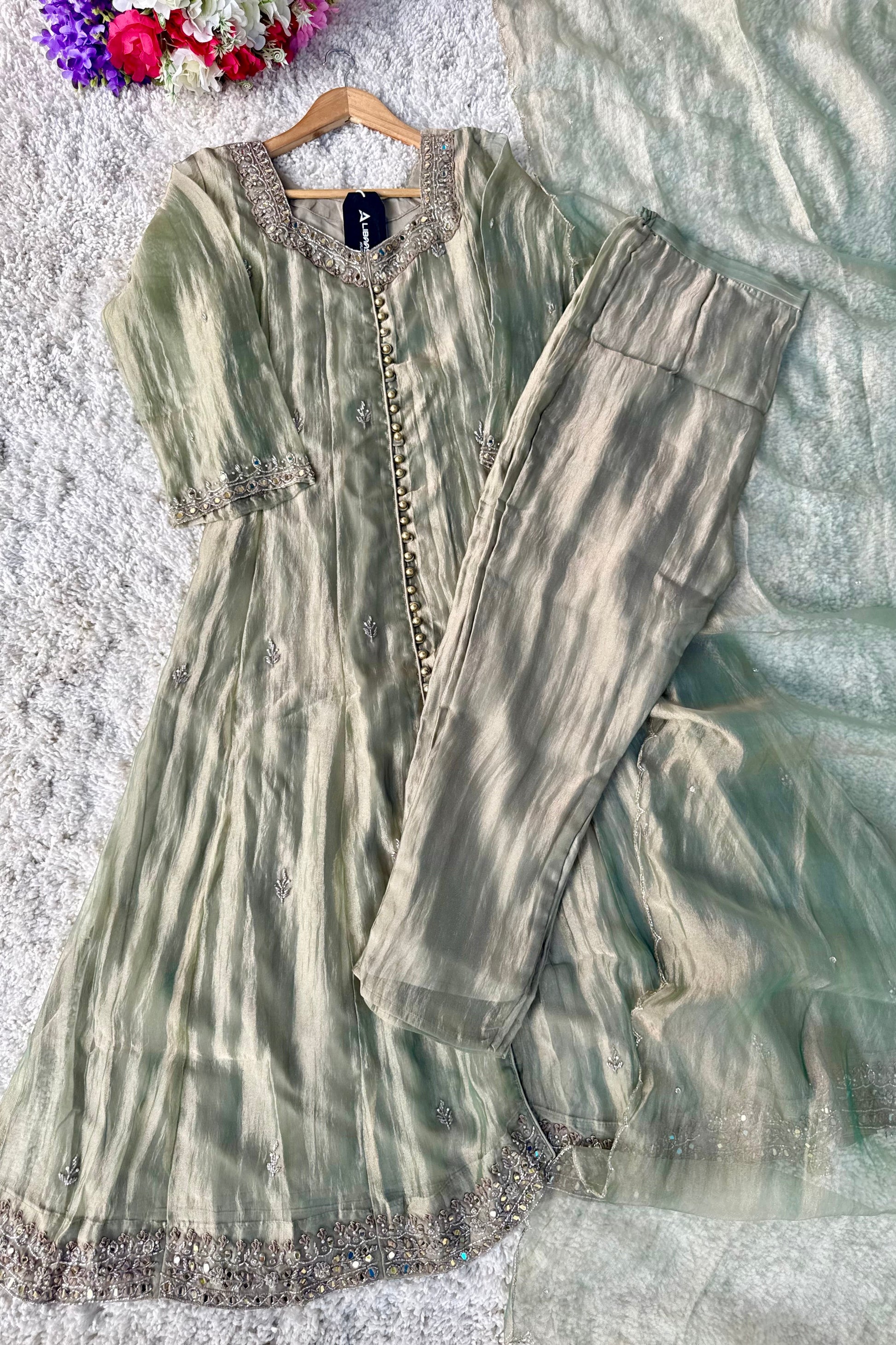 ✨Aiyana- Crushed Tissue Heavy Handwork Anarkali Suit