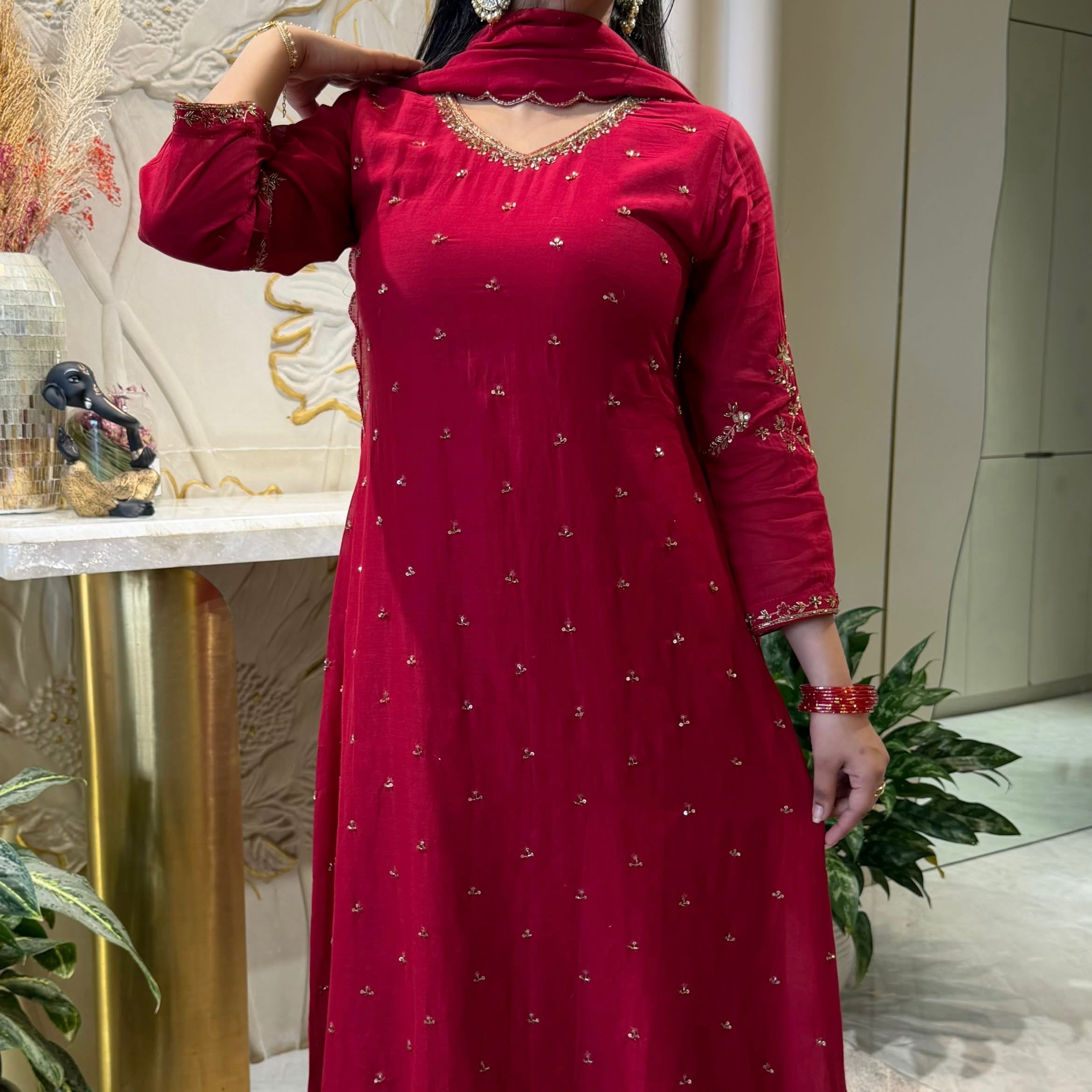 ✨Aditi - Karwa Chauth Special Mul Chanderi A-Line Kurta set