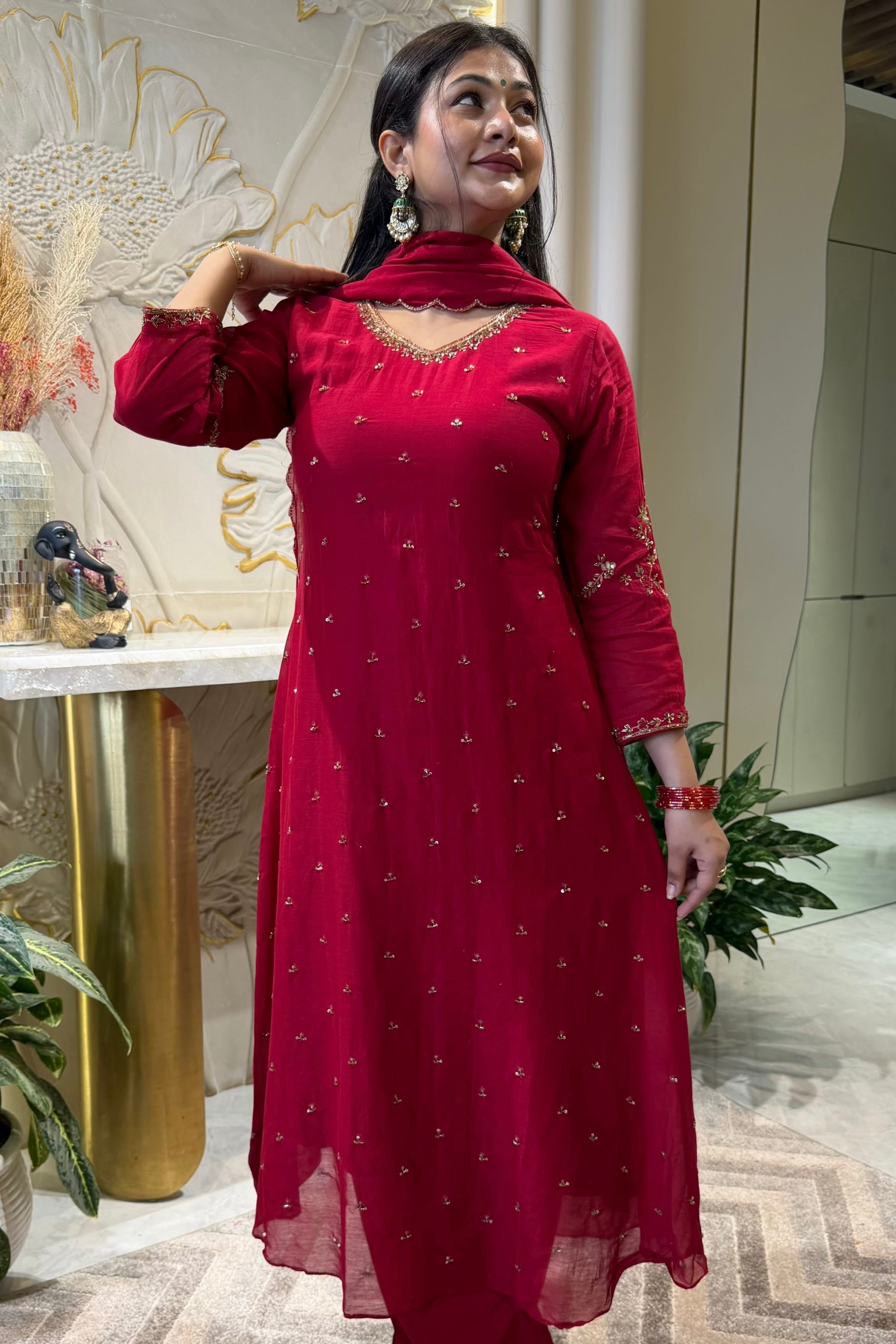 ✨Aditi - Karwa Chauth Special Mul Chanderi A-Line Kurta set