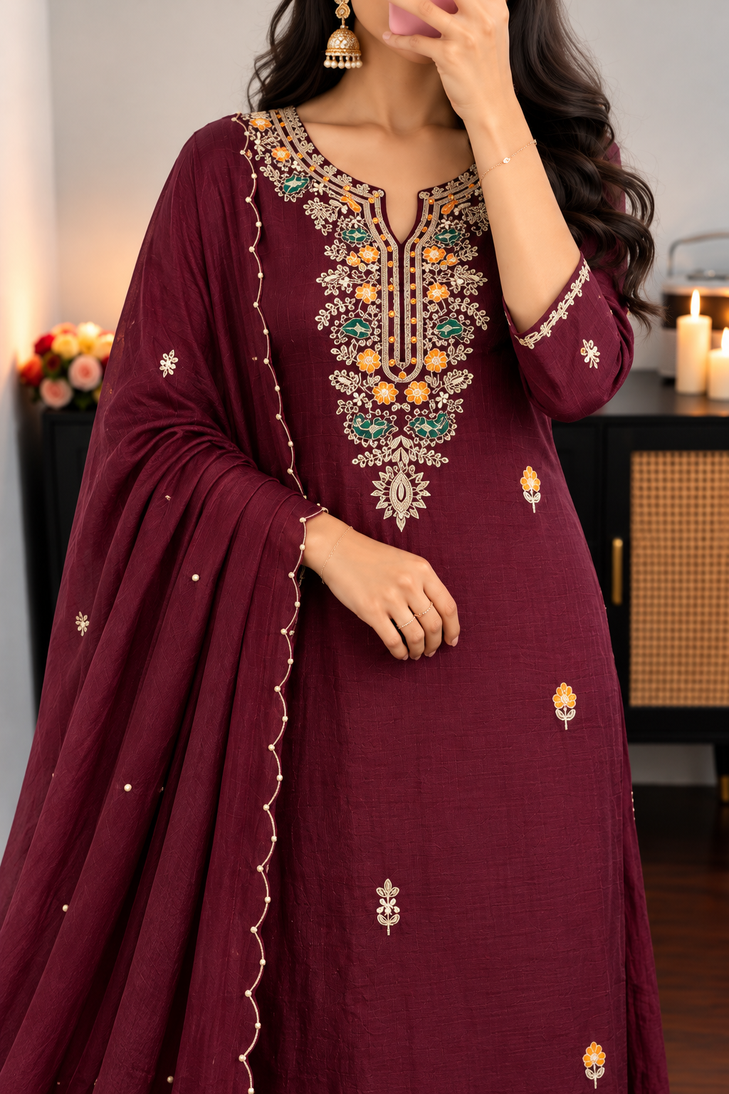 “ISHIKA” Brwon handcrafted dola silk kurti sets