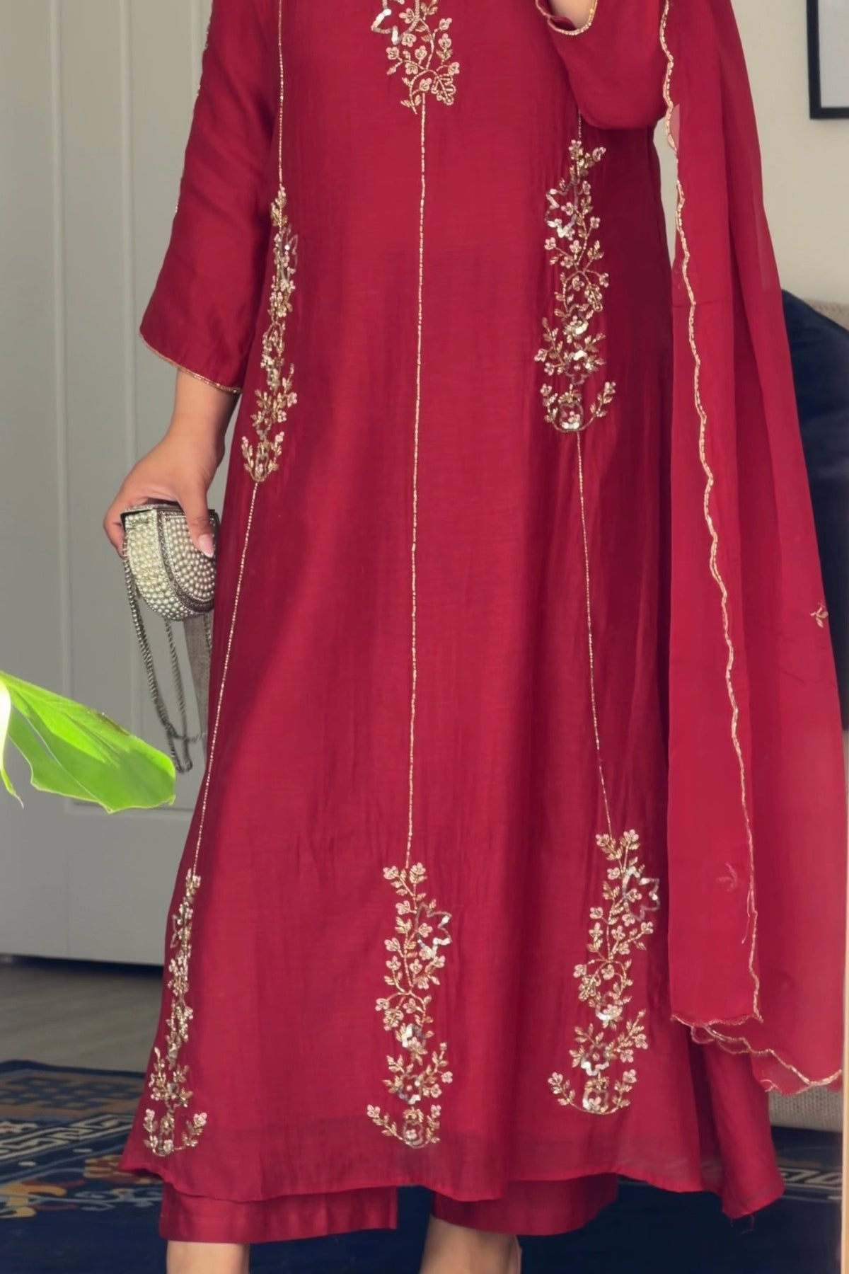 ✨Rida -Karva Chauth Special Red Mul Chanderi A-Line Kurta Set