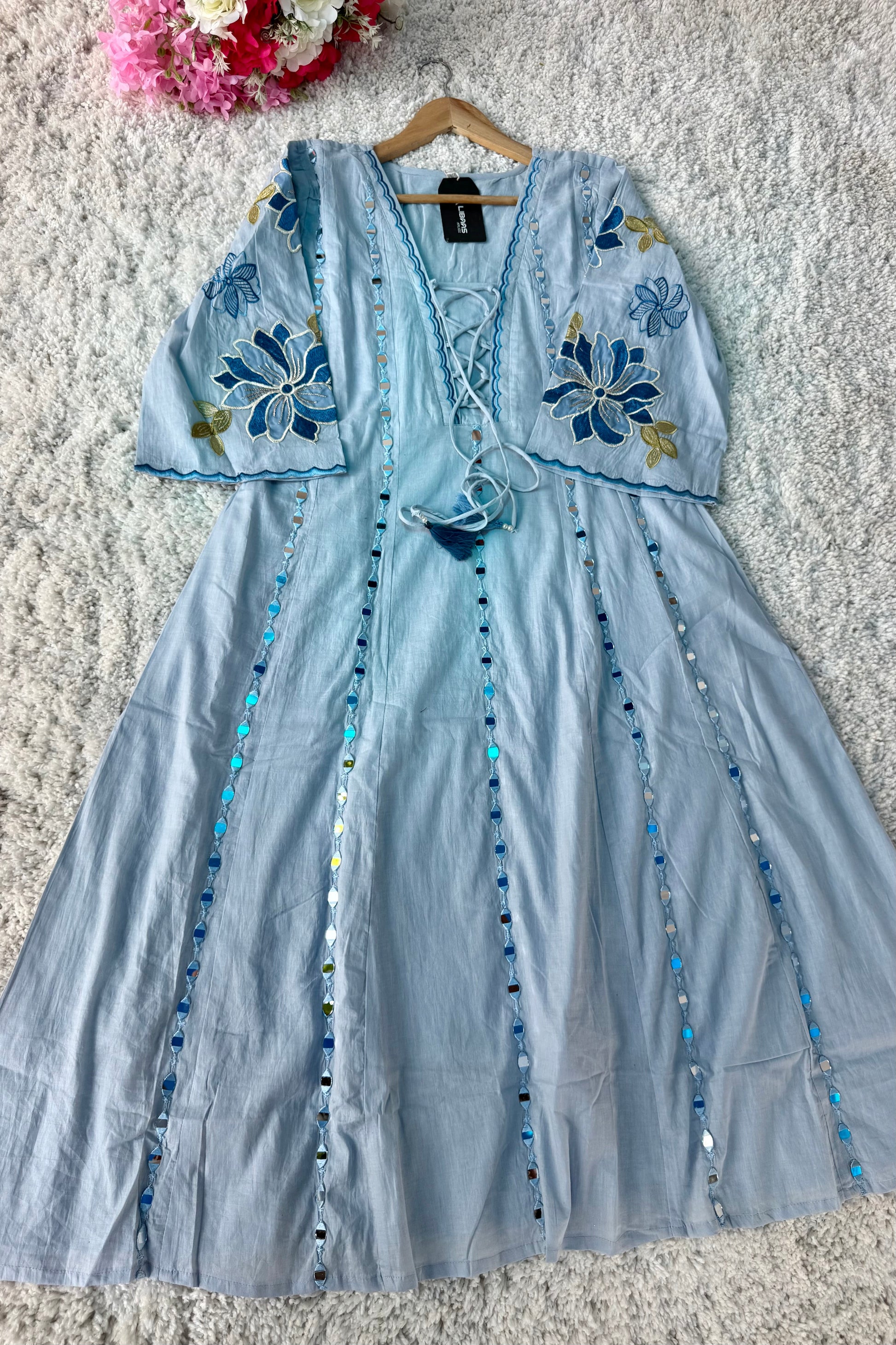 ✨AZ07 - Mirror work Powder Blue Cotton Anarkali Kurta set