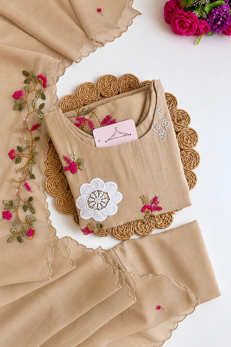 🛍️”Freya – Premium Chanderi Embroidered A Line Kurta Set