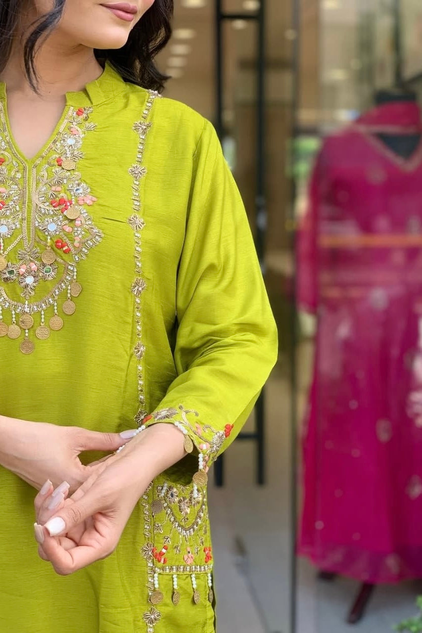 “Lime” Greenish Green Dola Silk Heavy Handwork Suit Set