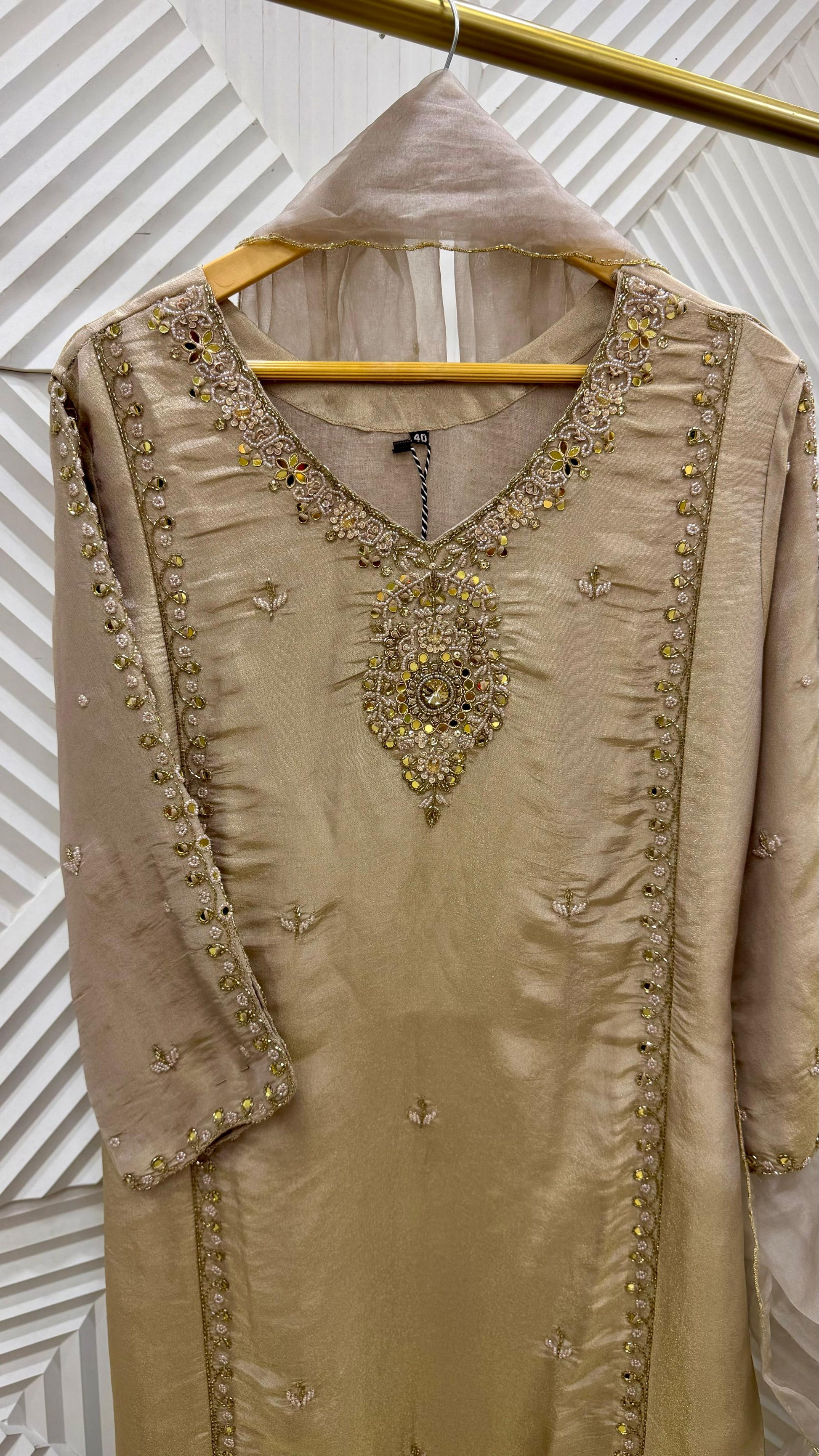 ✨Pearl – Premium Blush Mirror Work Tissue A Line Kurta Sets