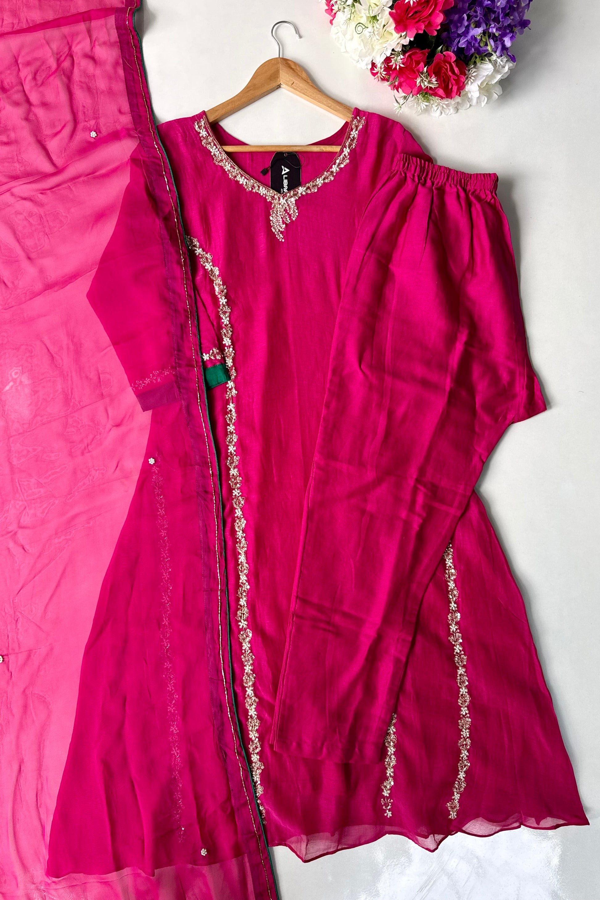 ✨”Maya - Premium Pink Mul Chanderi A-Line Kurta Set