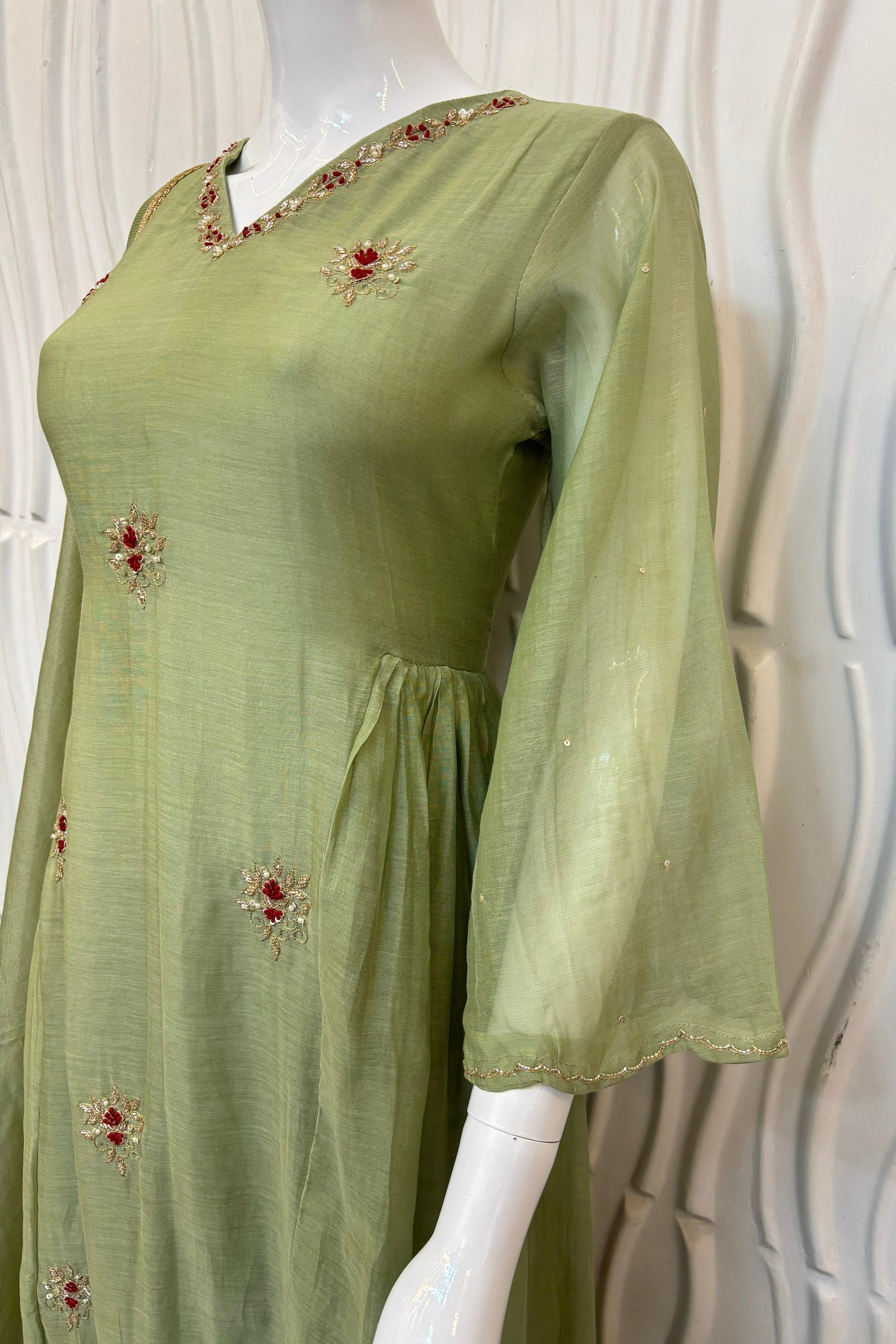 ✨Aabira – Premium Pista Green Mul Chanderi Anarkali kurti set